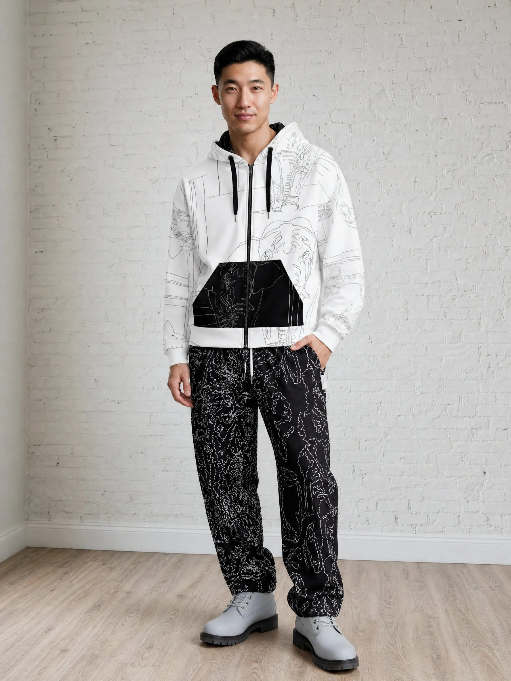 " Sketch " Men's zip hoodie (white & black)