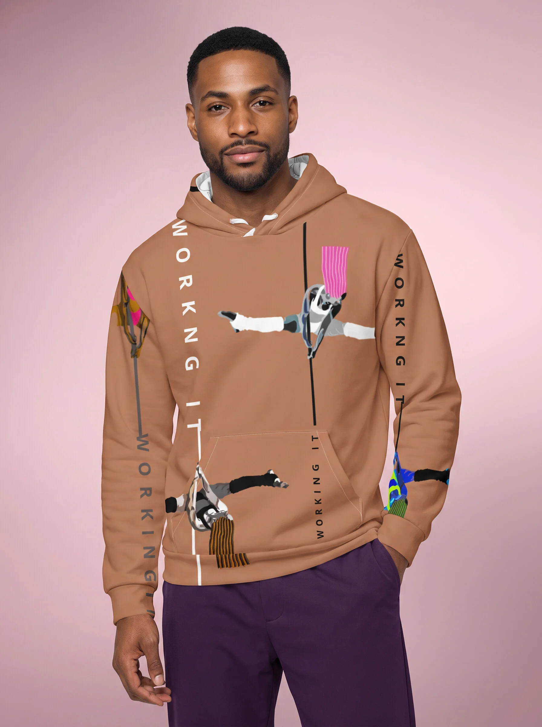 " Working It " Men's Hoodie (light brown with graphic art)