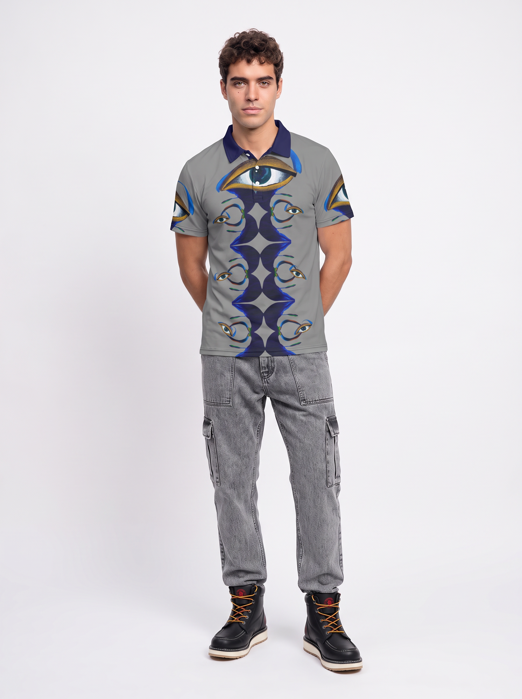 "Calm & Alert " Men’s slim fit polo (grey & blue)