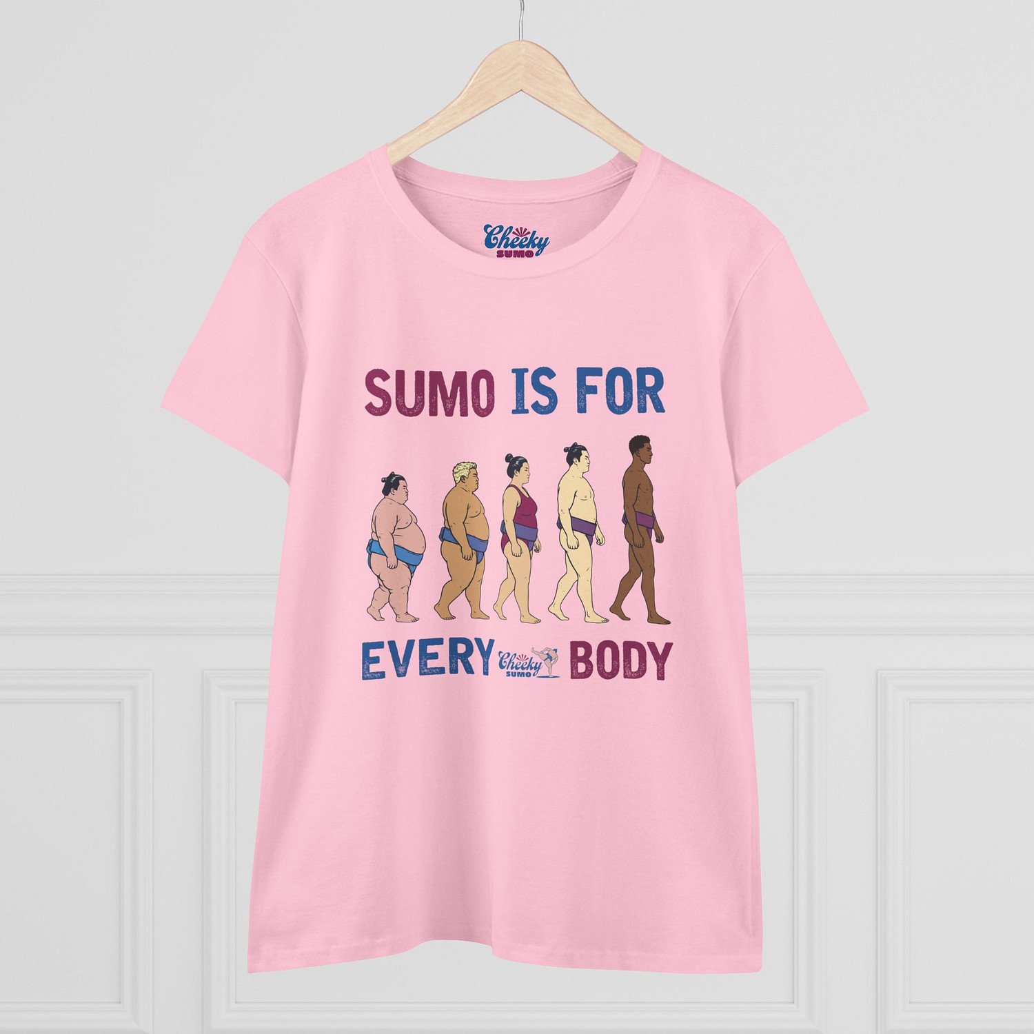 front of pink sumo is for everybody women's tee featuring five sumo wrestlers