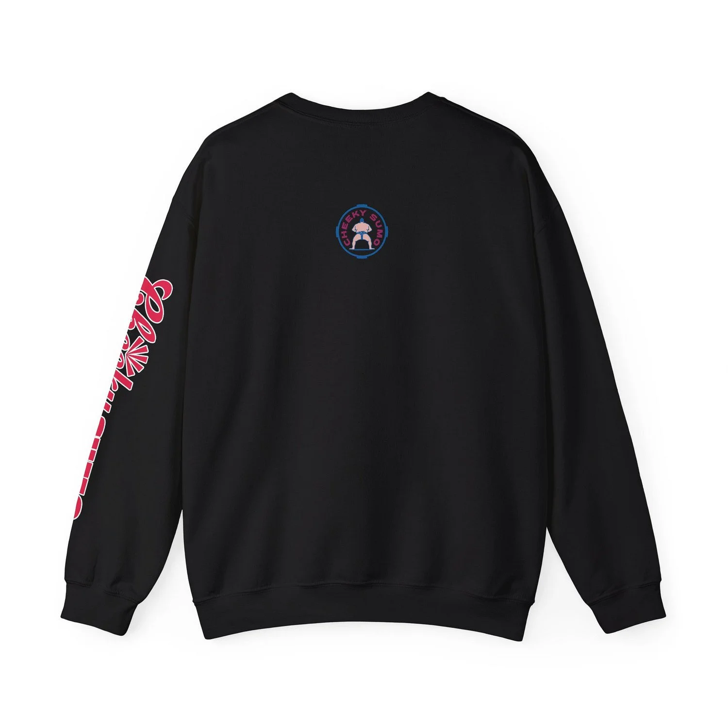 Back of black sweatshirt with Cheeky Sumo classic rays logo centered near the collar