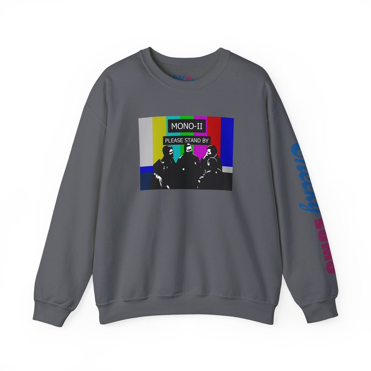 gravel sweatshirt with sumo mono-ii and colorful no service TV graphic on front and Cheeky Sumo logo on left sleeve