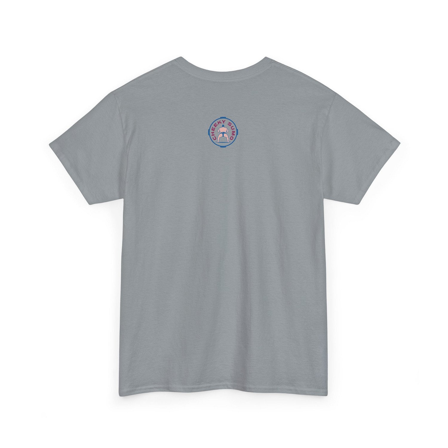 Back of a gravel t-shirt featuring the round Cheeky Sumo rays logo in the upper center.