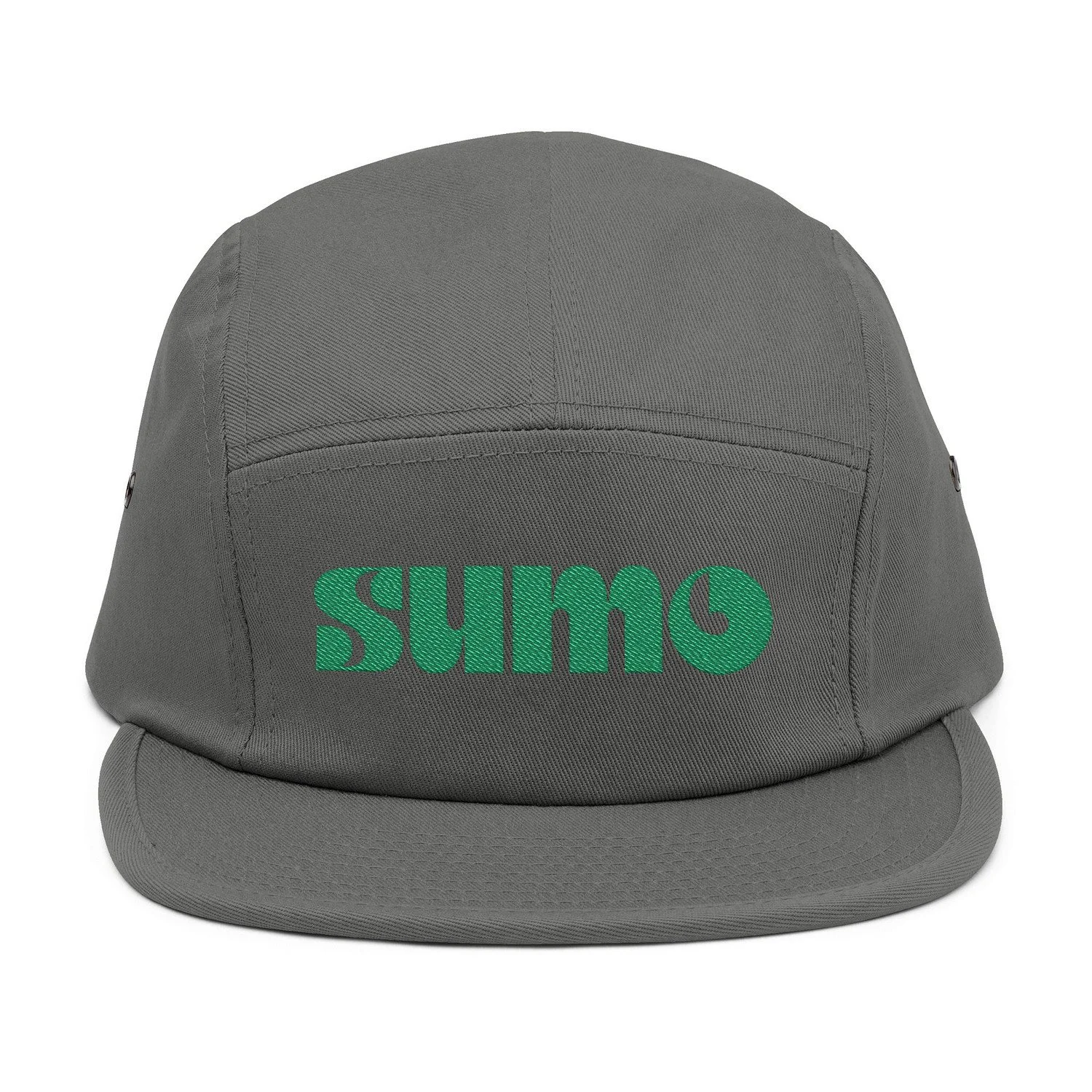 Grey 5-panel sumo cap with green embroidered text