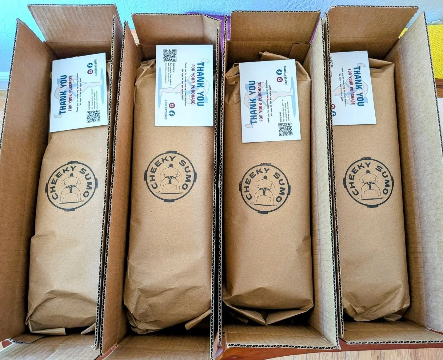Four mawashi orders packed and ready to go! Where are we shipping to next? 

Shop for your very own mawashi, each handmade by the Cheeky team, at cheekysumo.com/shop/custom-mawashi

#mawashi #sumo #sumomerch #ilovesumo