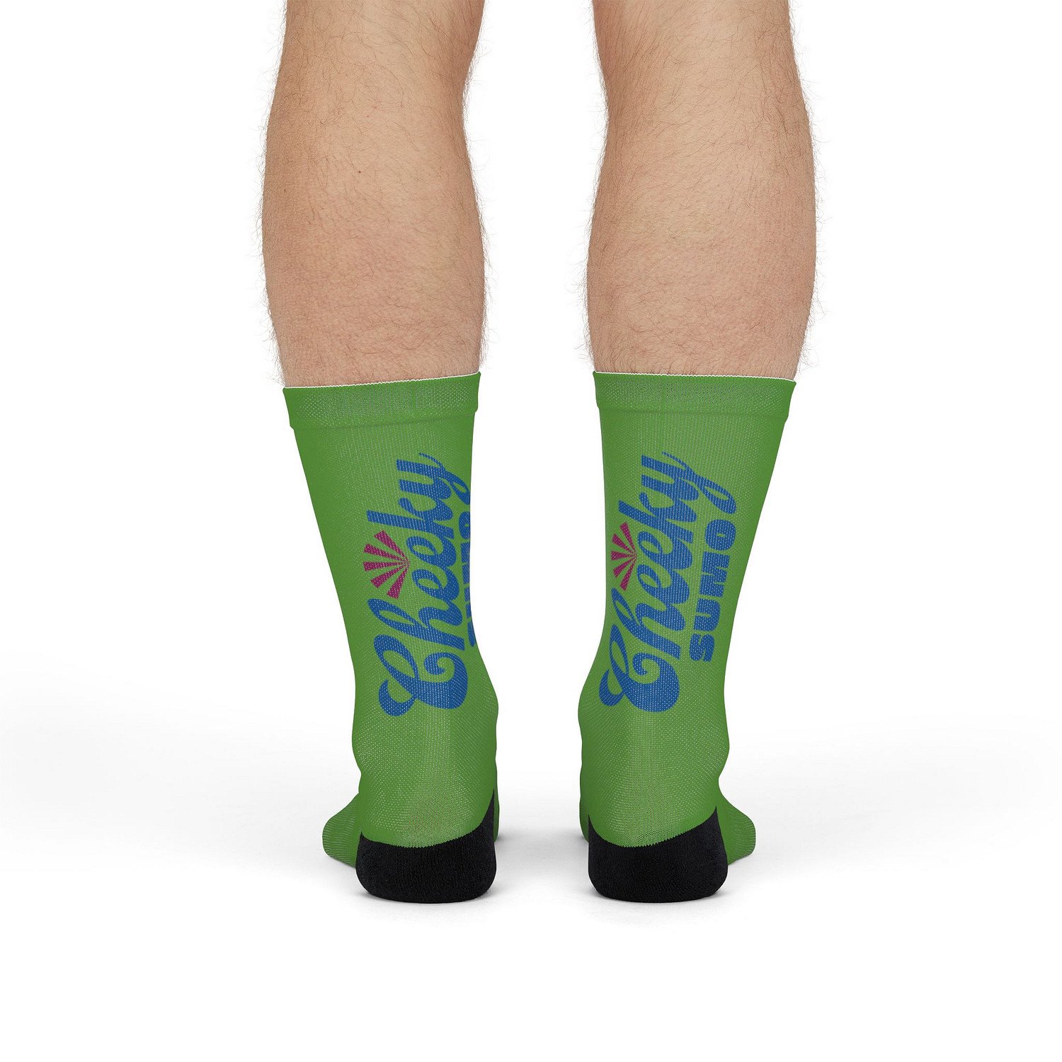 Back view of green socks worn by man with blue Cheeky Sumo logo down the back