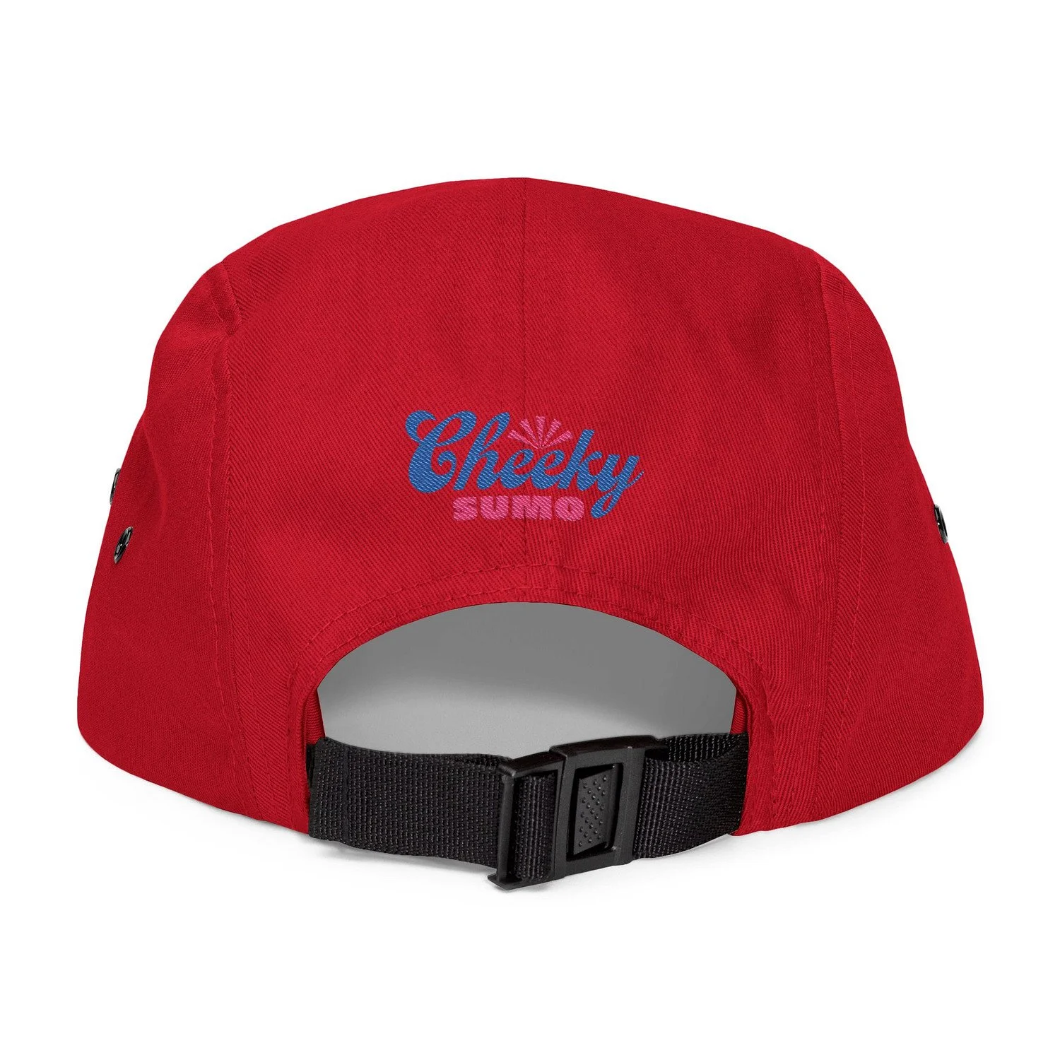 Back of red sumo cap showing Cheeky Sumo logo