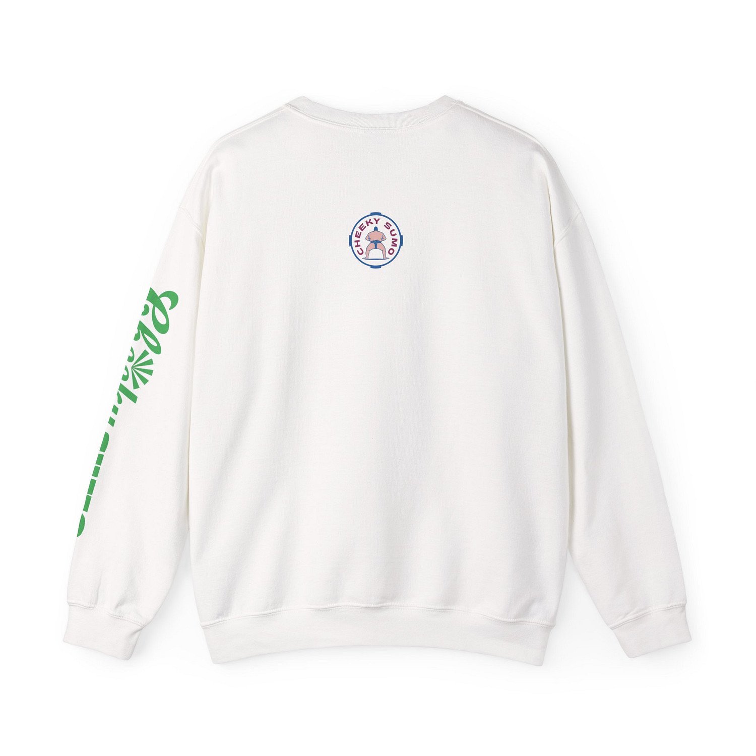 back of white sweatshirt with classic round Cheeky Sumo rays logo and green Cheeky Sumo text on left arm