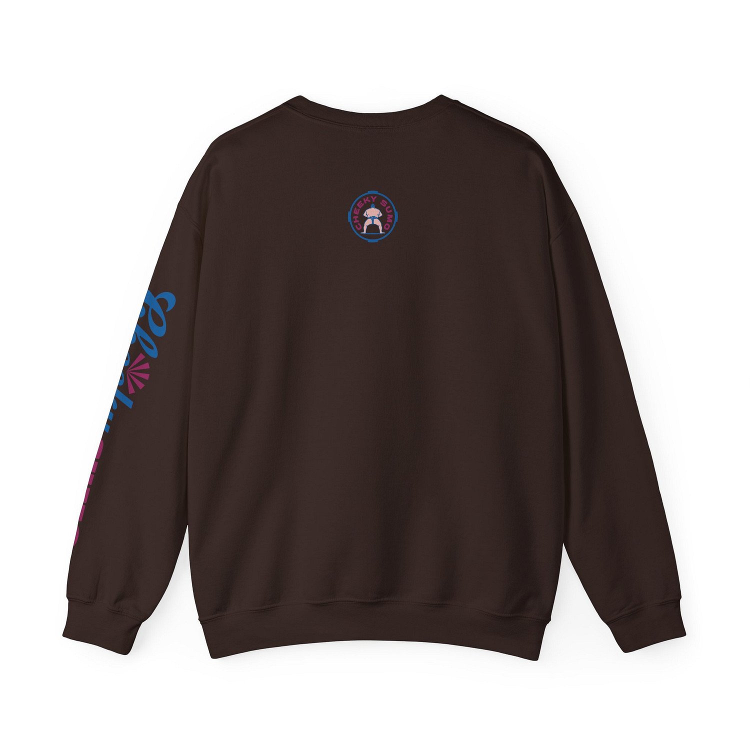 Back of a dark chocolate Yokozuna sweatshirt featuring the round Cheeky Sumo rays logo in the upper center.