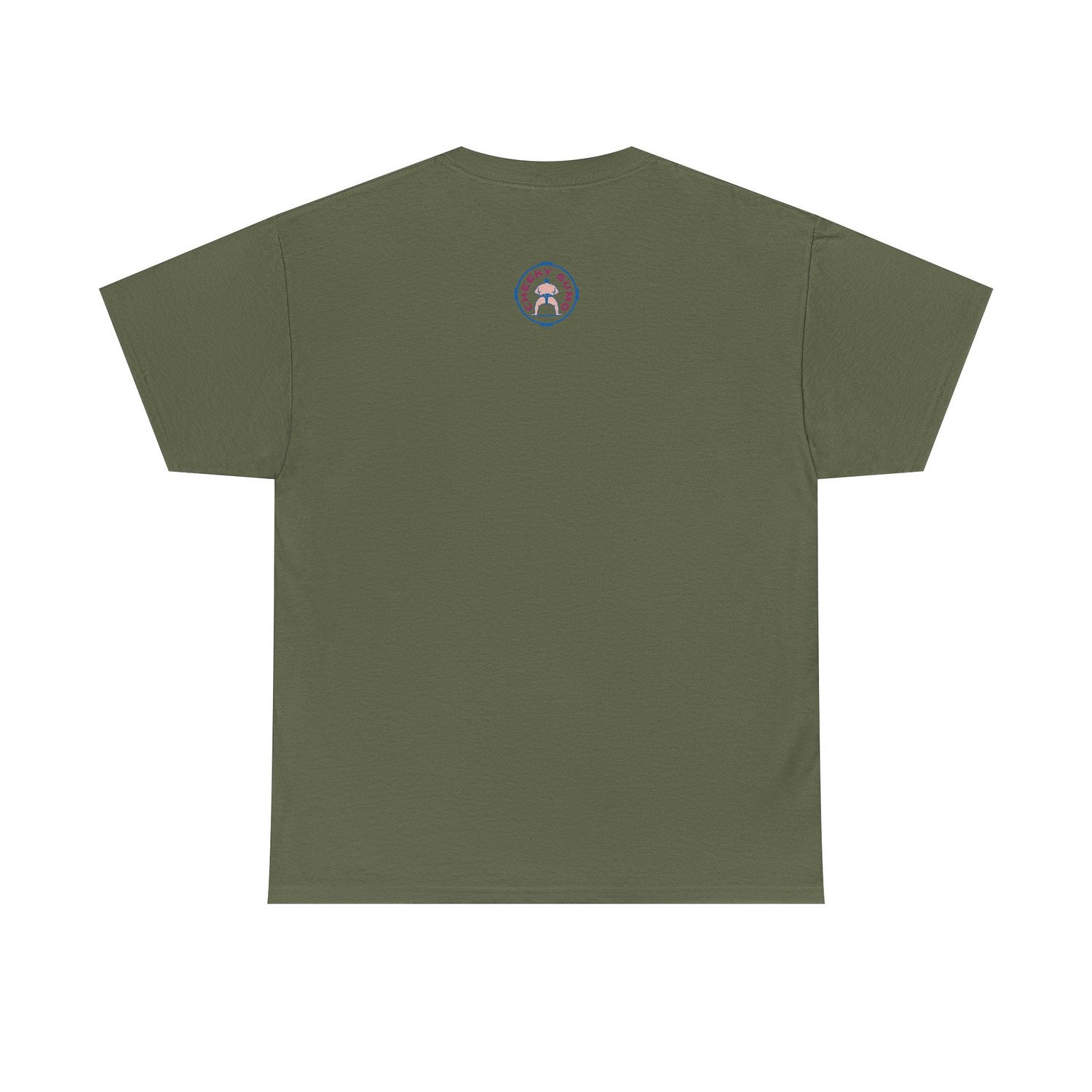 back of military green t-shirt with Cheeky Sumo classic rays logo centered near the collar