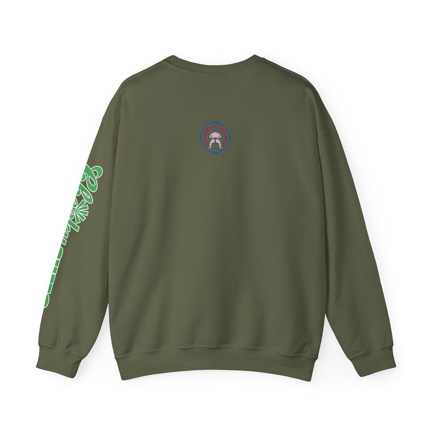 back of military green sweatshirt with classic round Cheeky Sumo rays logo and green Cheeky Sumo text on left arm