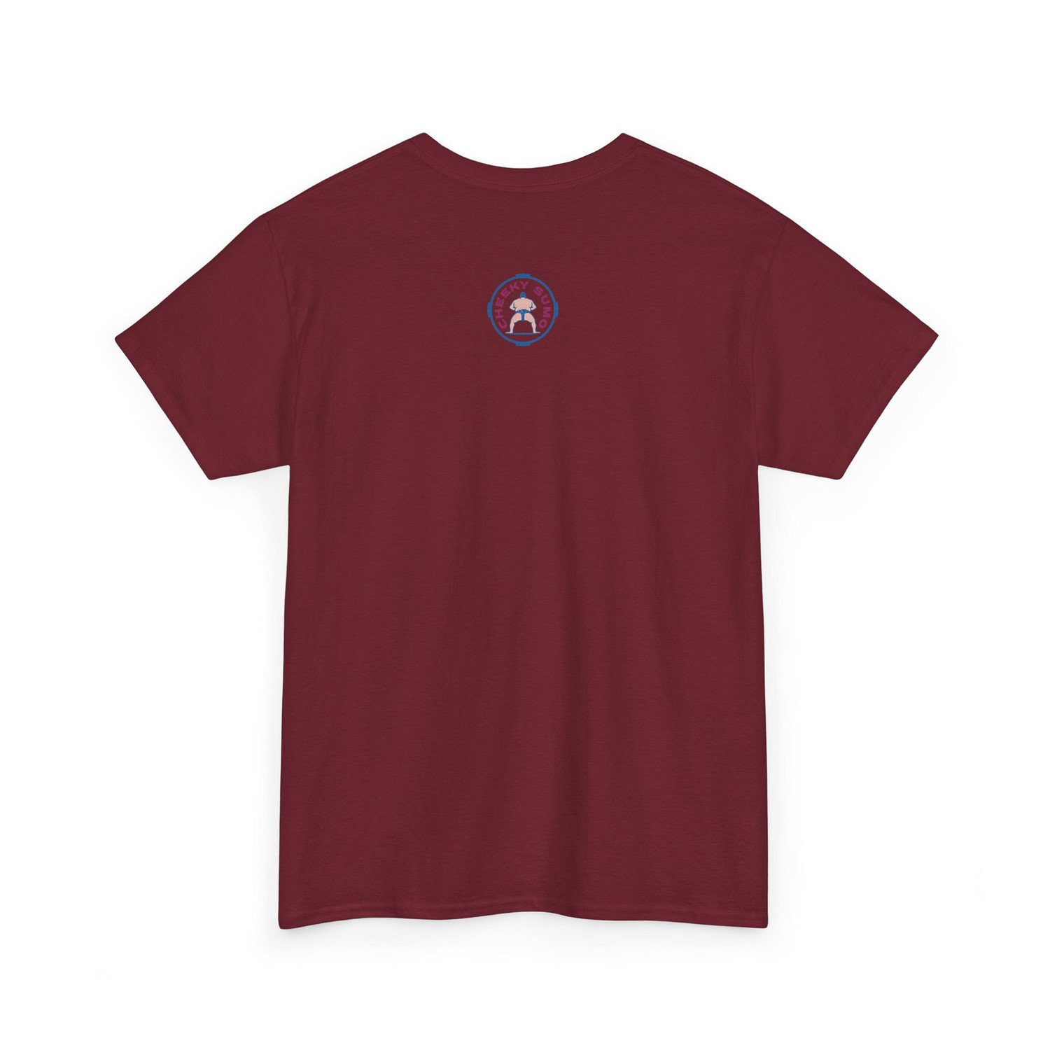Back of a garnet t-shirt featuring the round Cheeky Sumo rays logo in the upper center.