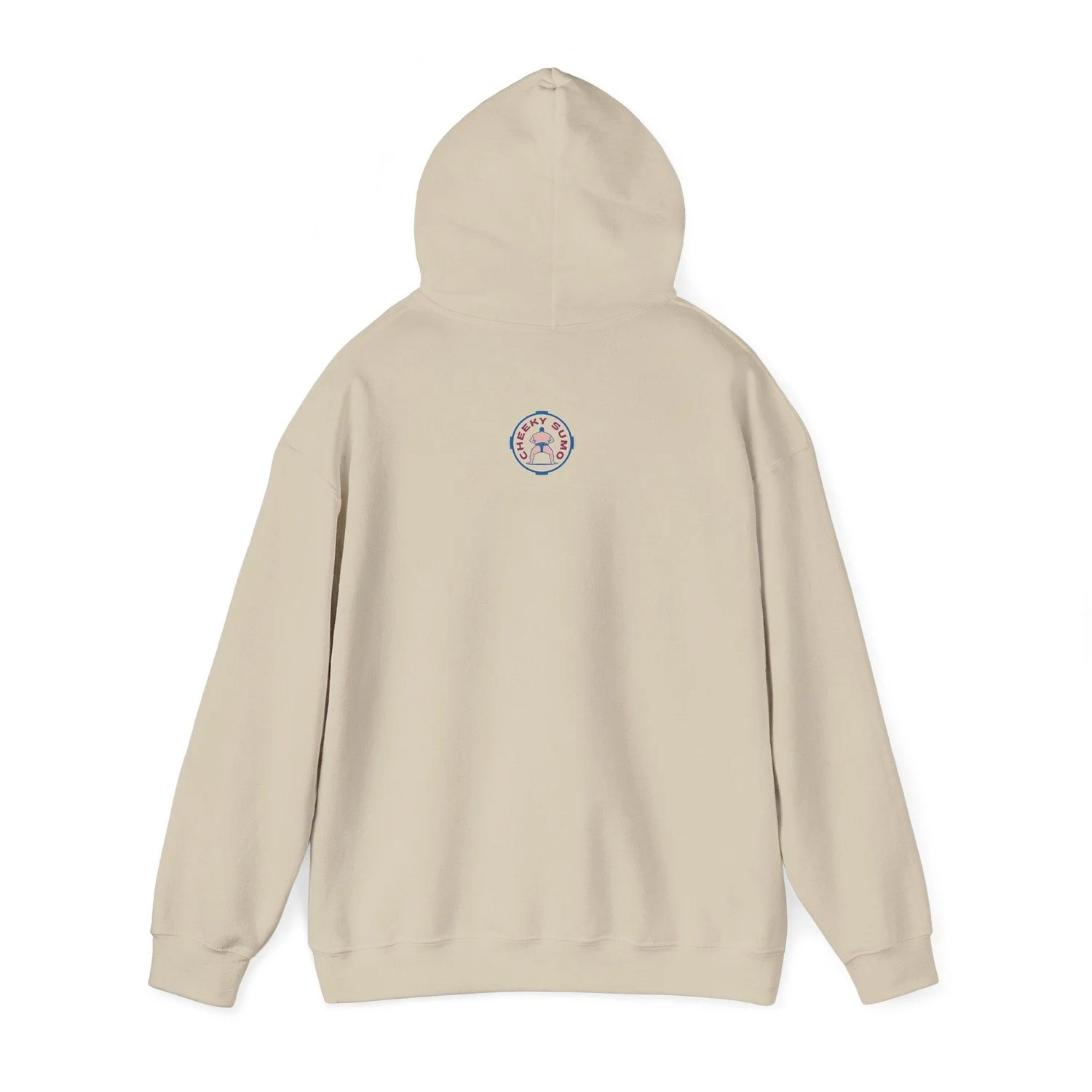 back of sand "sumo is for everybody" hoodie featuring Cheeky Sumo logo