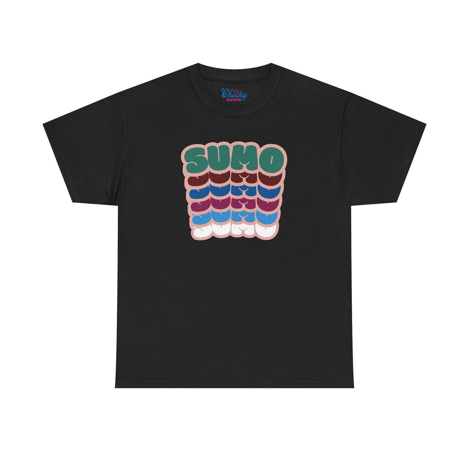 black t-shirt with “Sumo” written six times in colorful bubble letters stacked vertically