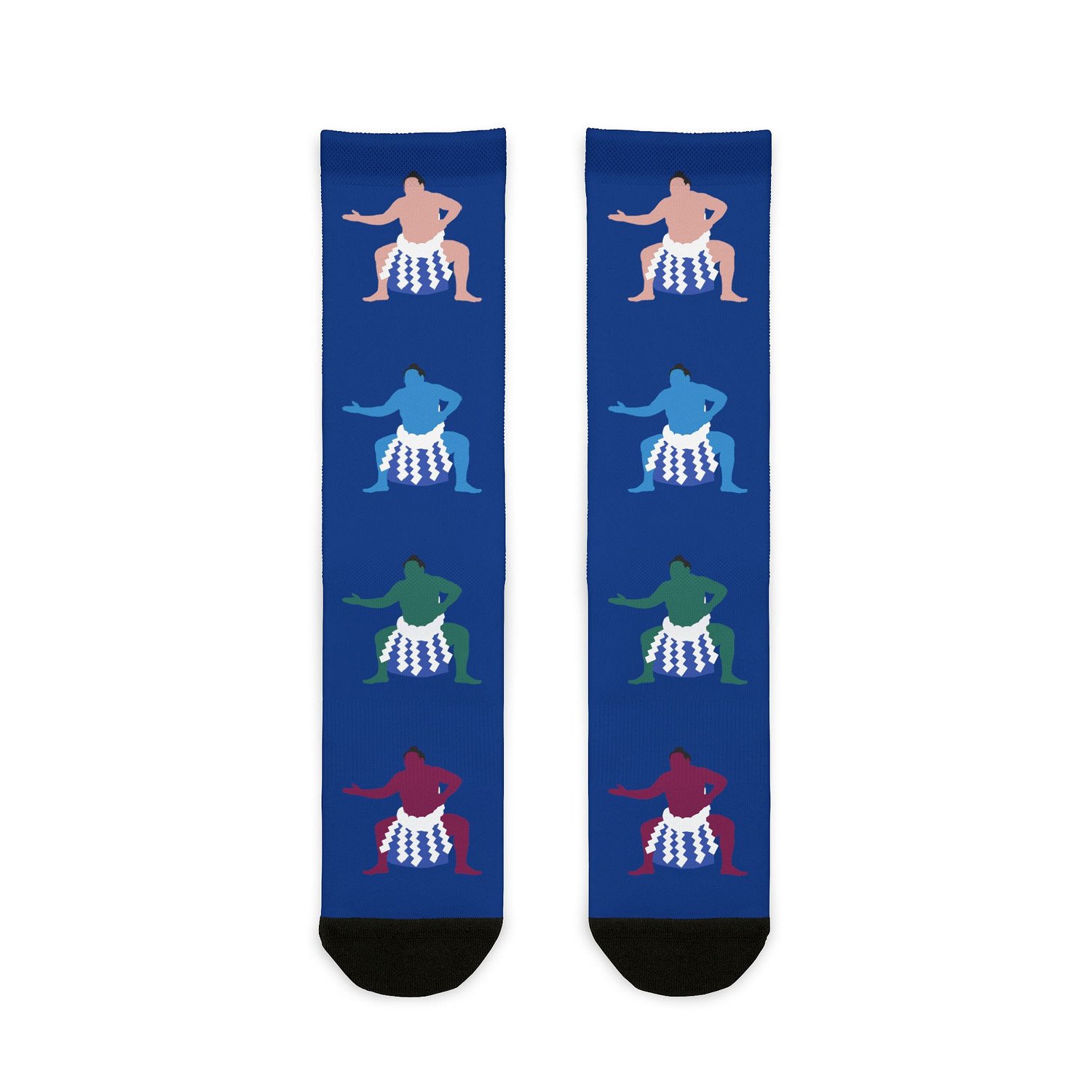 blue yokozuna pop sumo socks with yokozuna arwork down the front in different colors