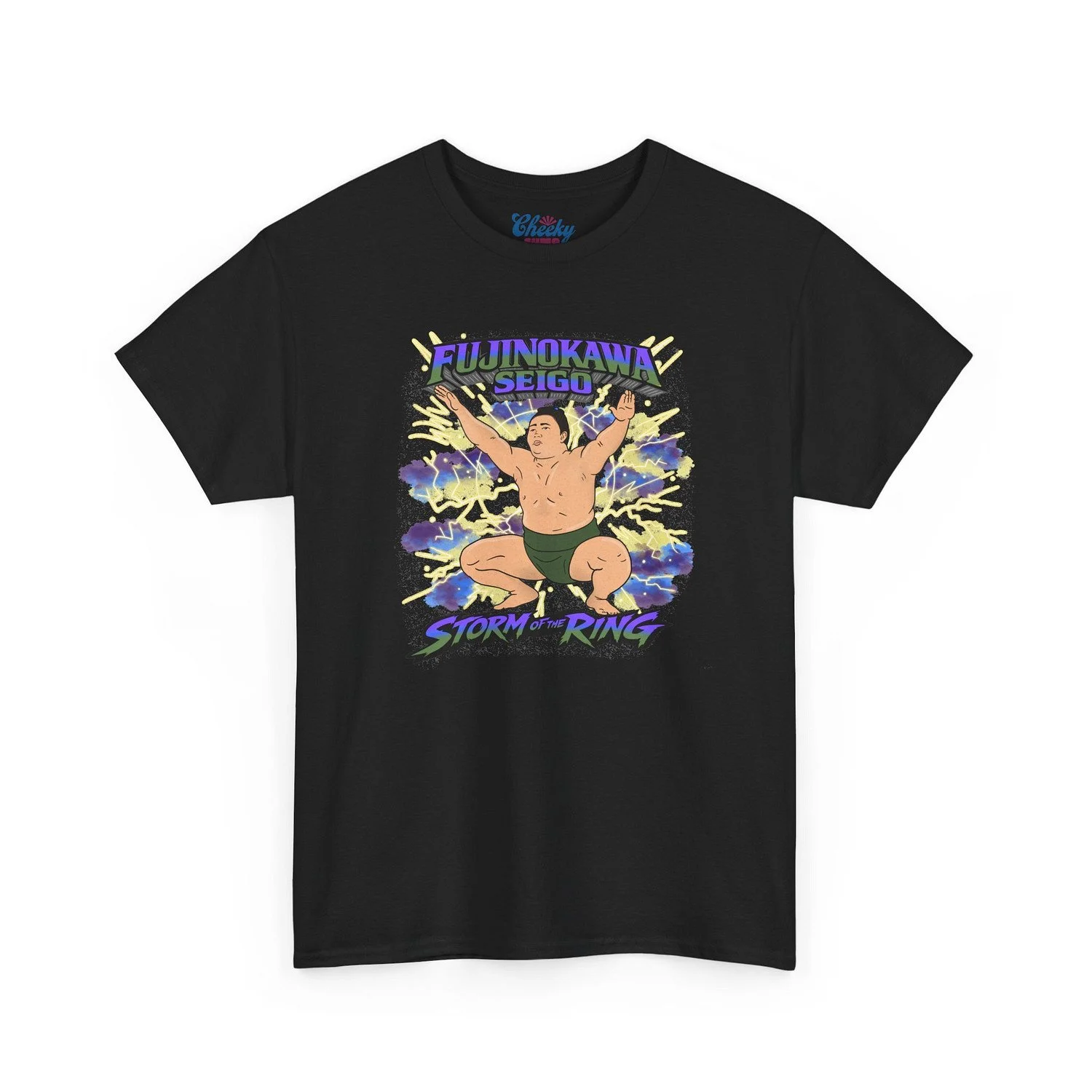 Black t-shirt with illustrated Fujinokawa Seigo, storm clouds and lightning, "Storm of the Ring" text.
