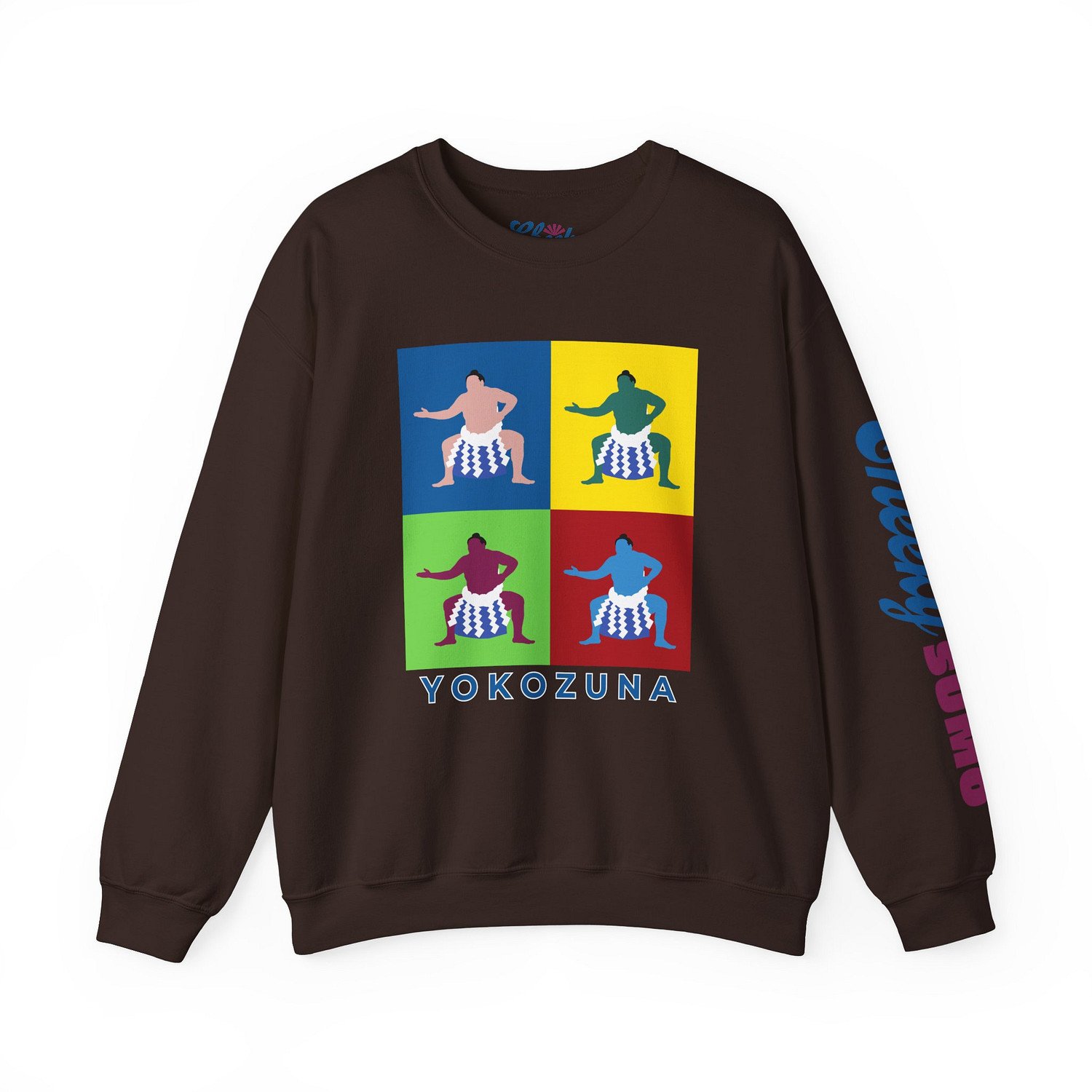 dark chocolate sweatshirt with bold pop art–style graphic of Yokozuna on front and Cheeky Sumo logo down left arm