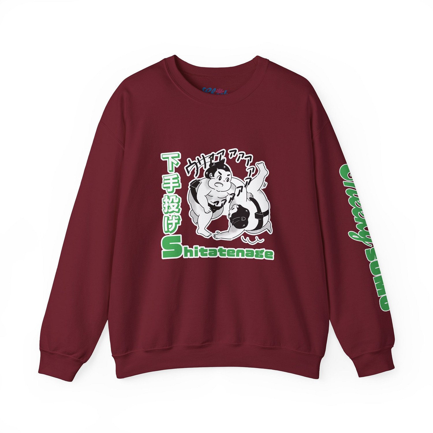 Front of garnet sweatshirt showing cartoon sumo move Yorikiri with Yorikiri in Japanese and English text