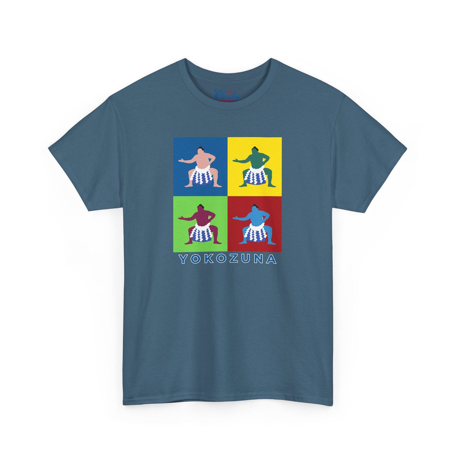 Indigo blue T-shirt featuring four colorful pop art panels of Yokozuna Hoshoryu in bold sumo-inspired design
