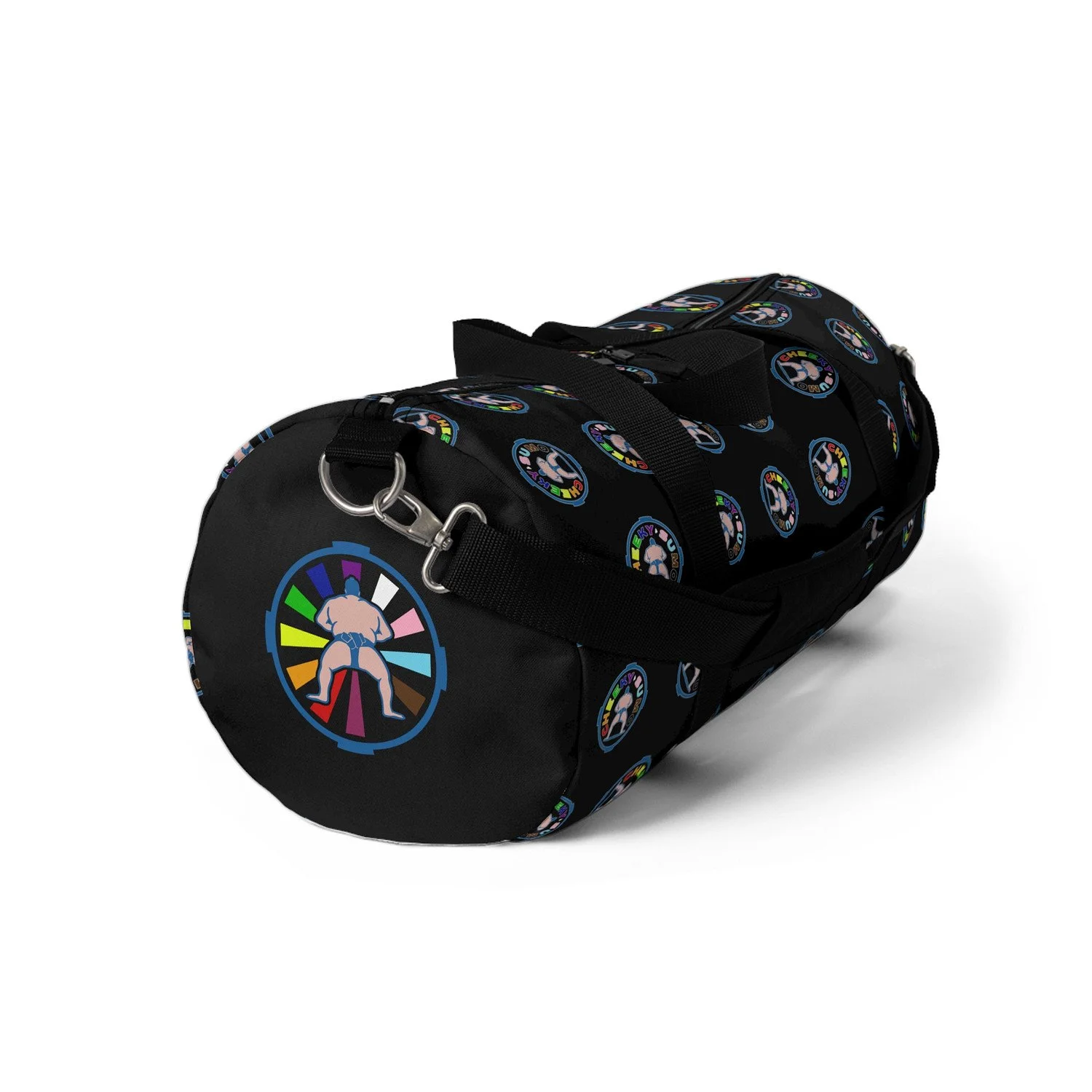 Right side view of gym bag with cheeky sumo sunburst pride rainbow logo