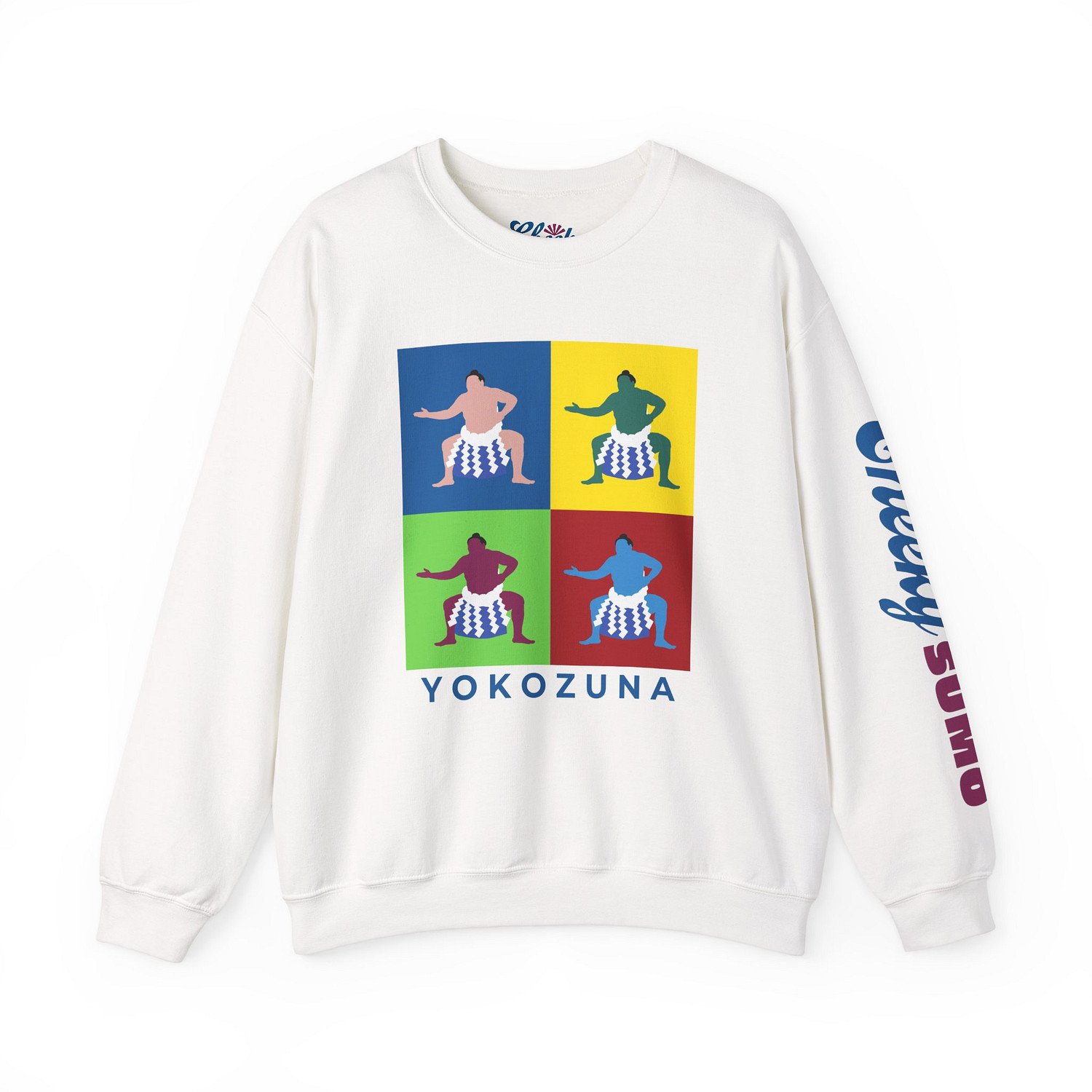 White sweatshirt with bold pop art–style graphic of Yokozuna on front and Cheeky Sumo logo down left arm