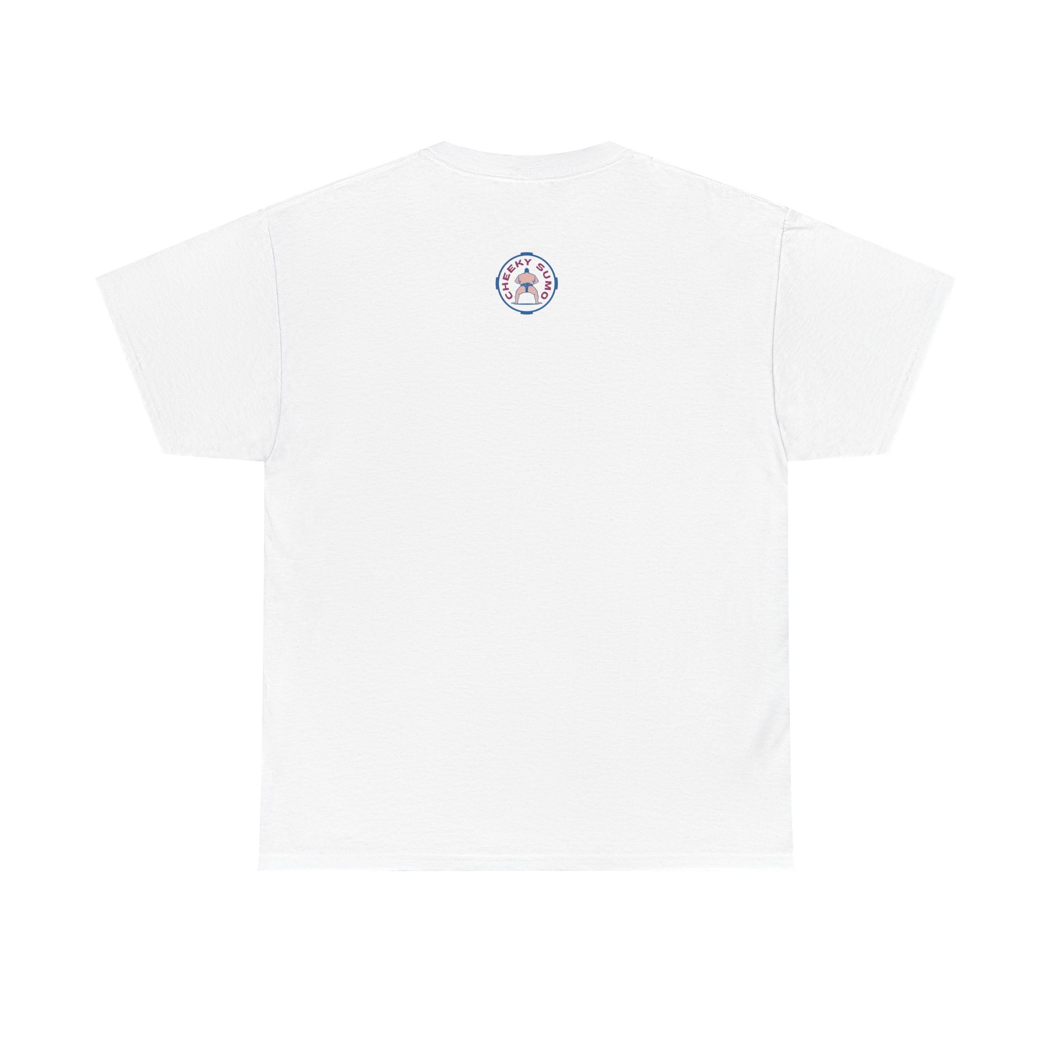 Back of white t-shirt with pink and blue Cheeky Sumo rays logo on upper center and “Cheeky Sumo” down left sleeve.