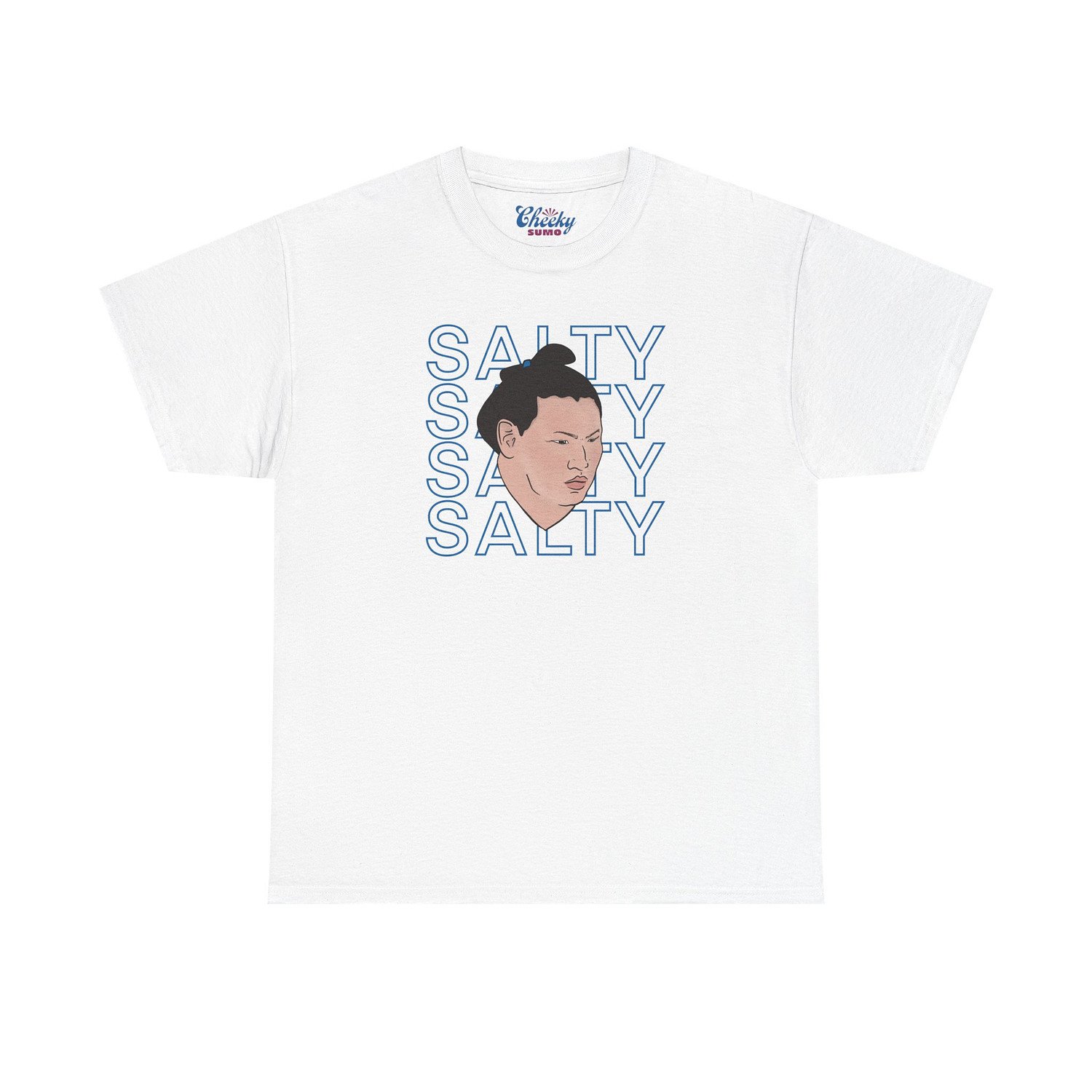 White T-shirt featuring Hoshoryu’s face with "Salty" repeated behind him in blue text