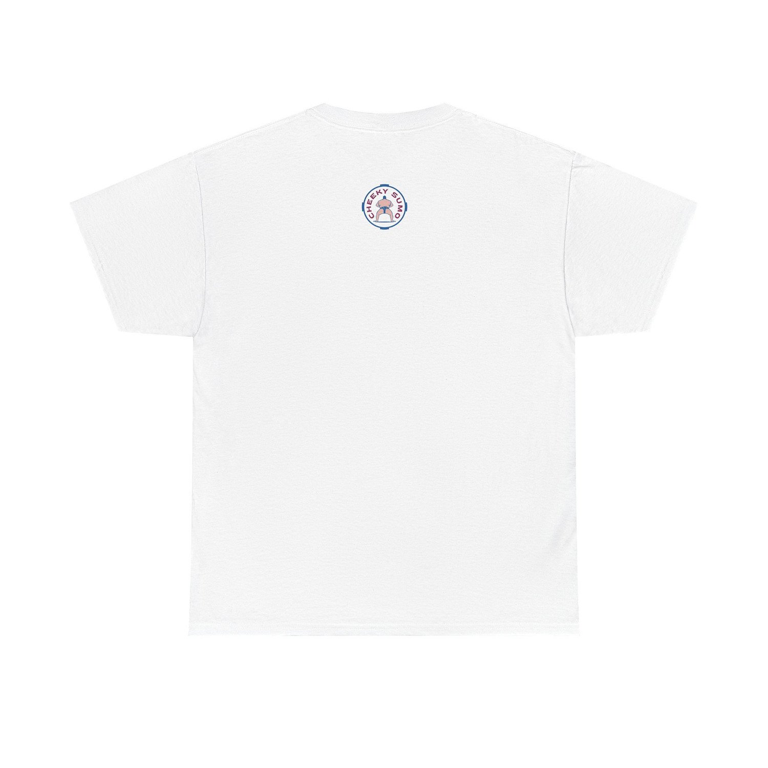 Back of a white T-shirt featuring the round Cheeky Sumo pink and blue rays logo in the upper center.