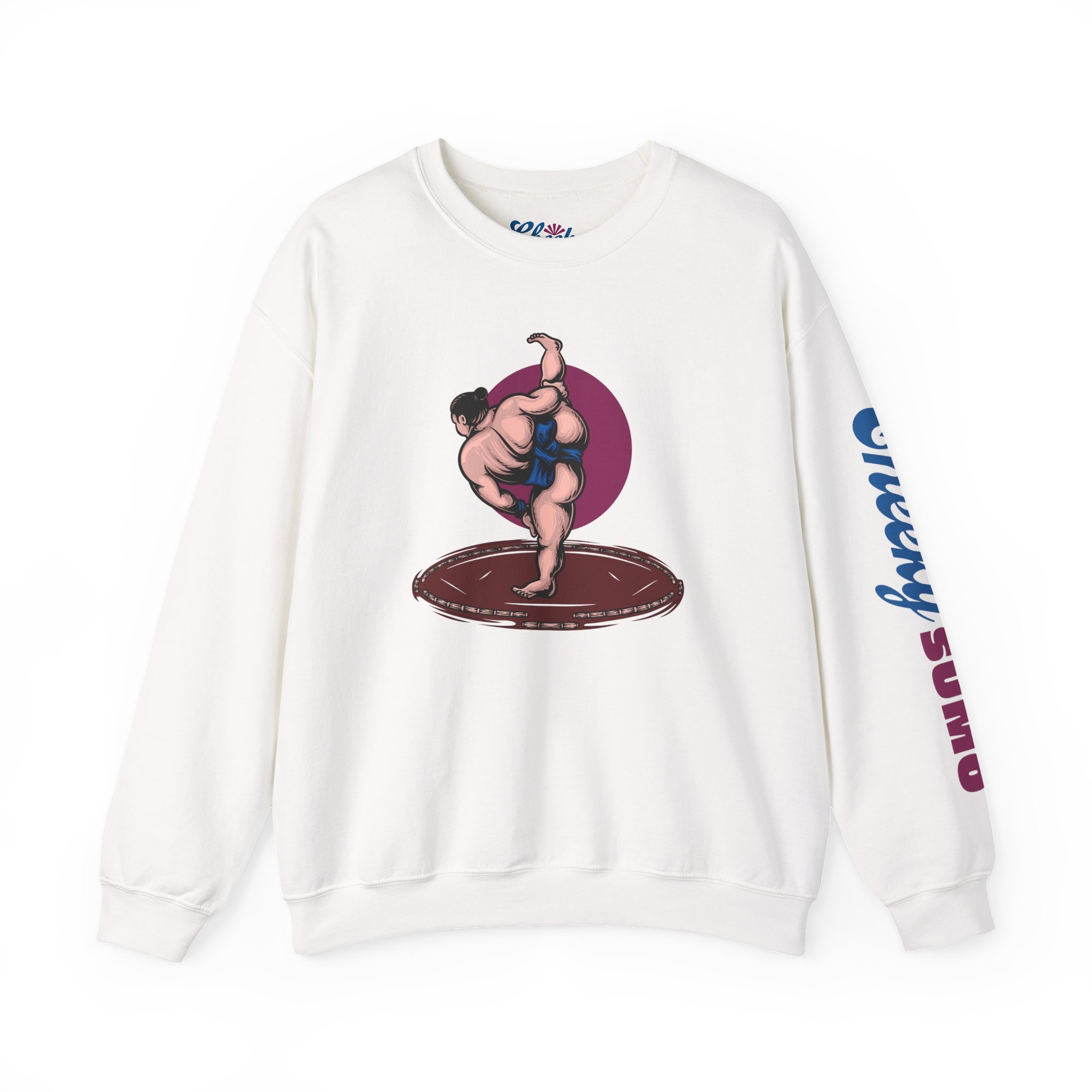 white sumo sweatshirt with bold shiko stomp graphic in front and "Cheeky Sumo" down left arm