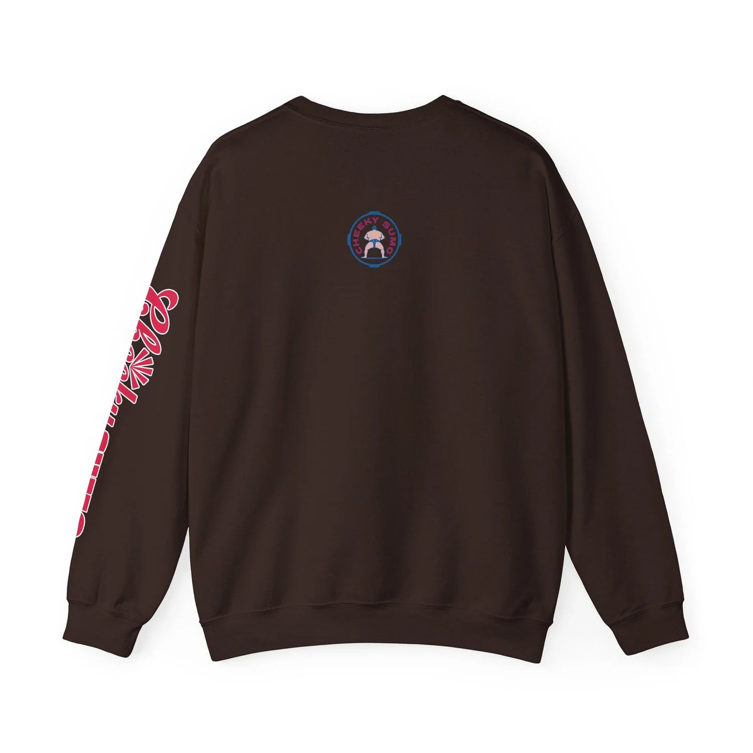 Back of dark chocolate sweatshirt with Cheeky Sumo classic rays logo centered near the collar
