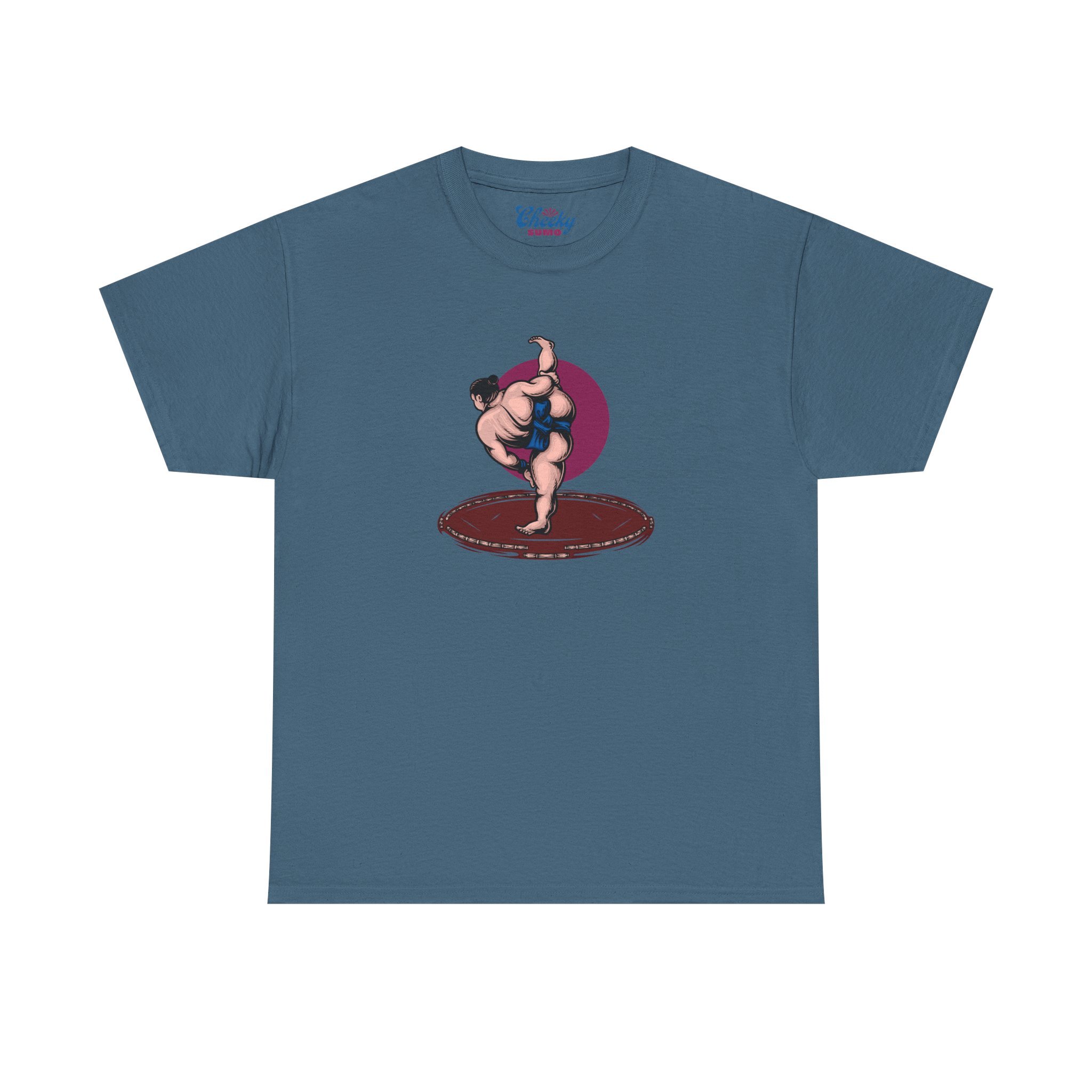 indigo blue sumo t-shirt with bold shiko stomp graphic in front and "Cheeky Sumo" down left arm