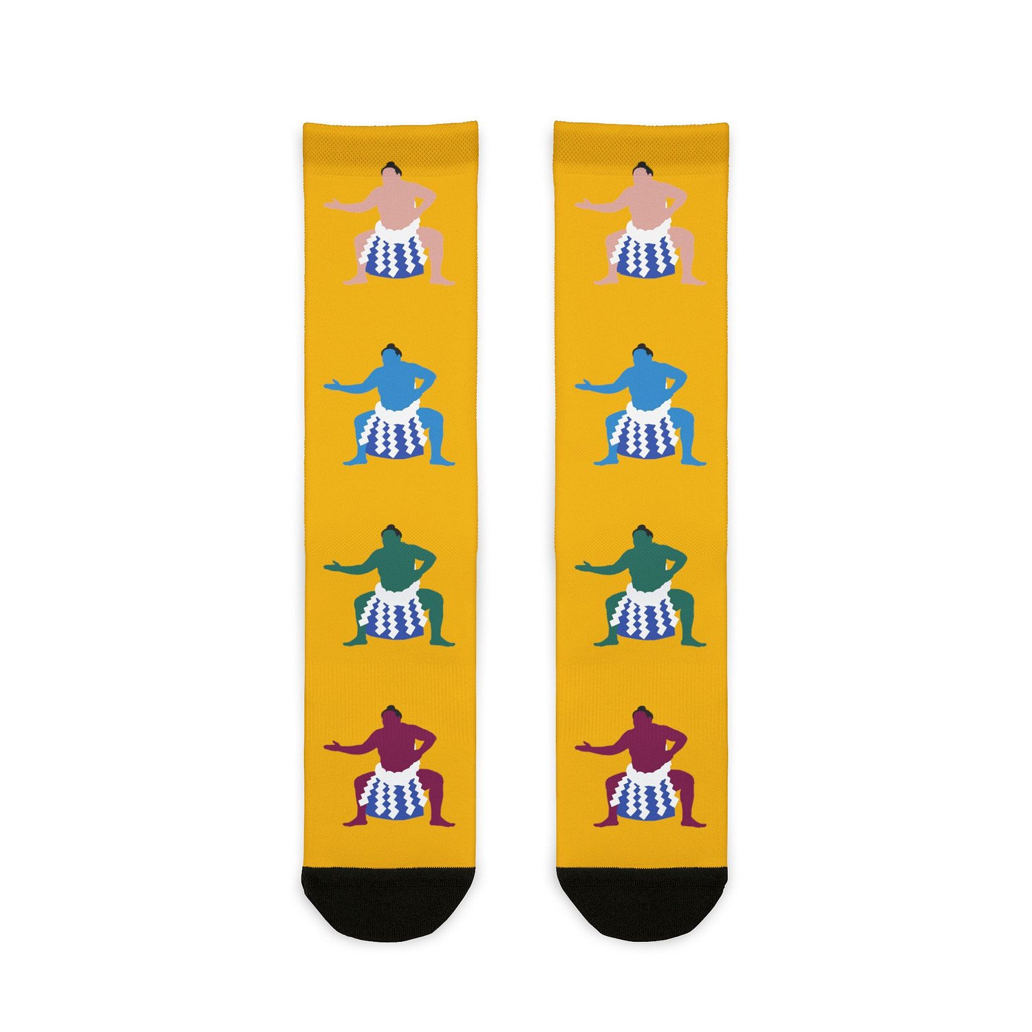 yellow yokozuna pop sumo socks with yokozuna arwork down the front in different colors