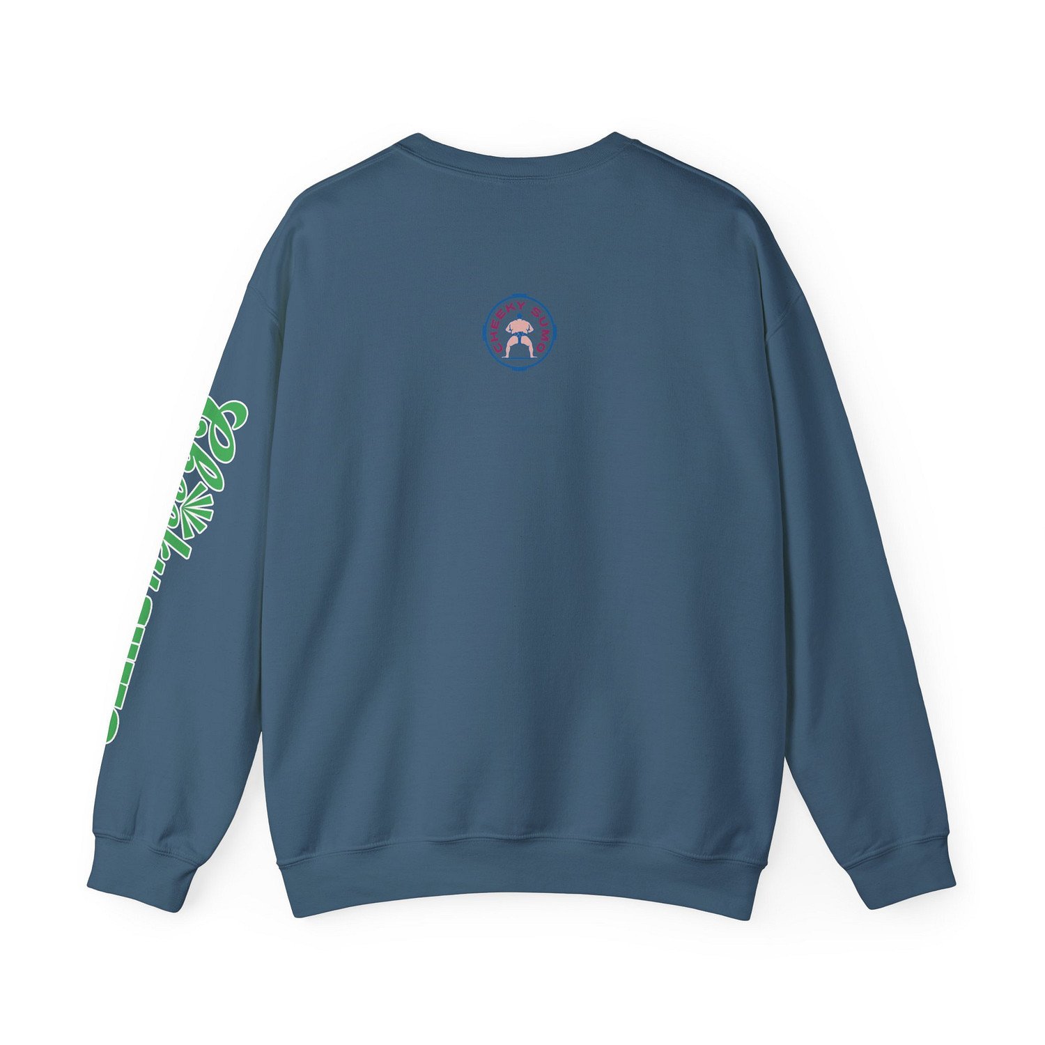 back of indigo blue sweatshirt with classic round Cheeky Sumo rays logo and green Cheeky Sumo text on left arm