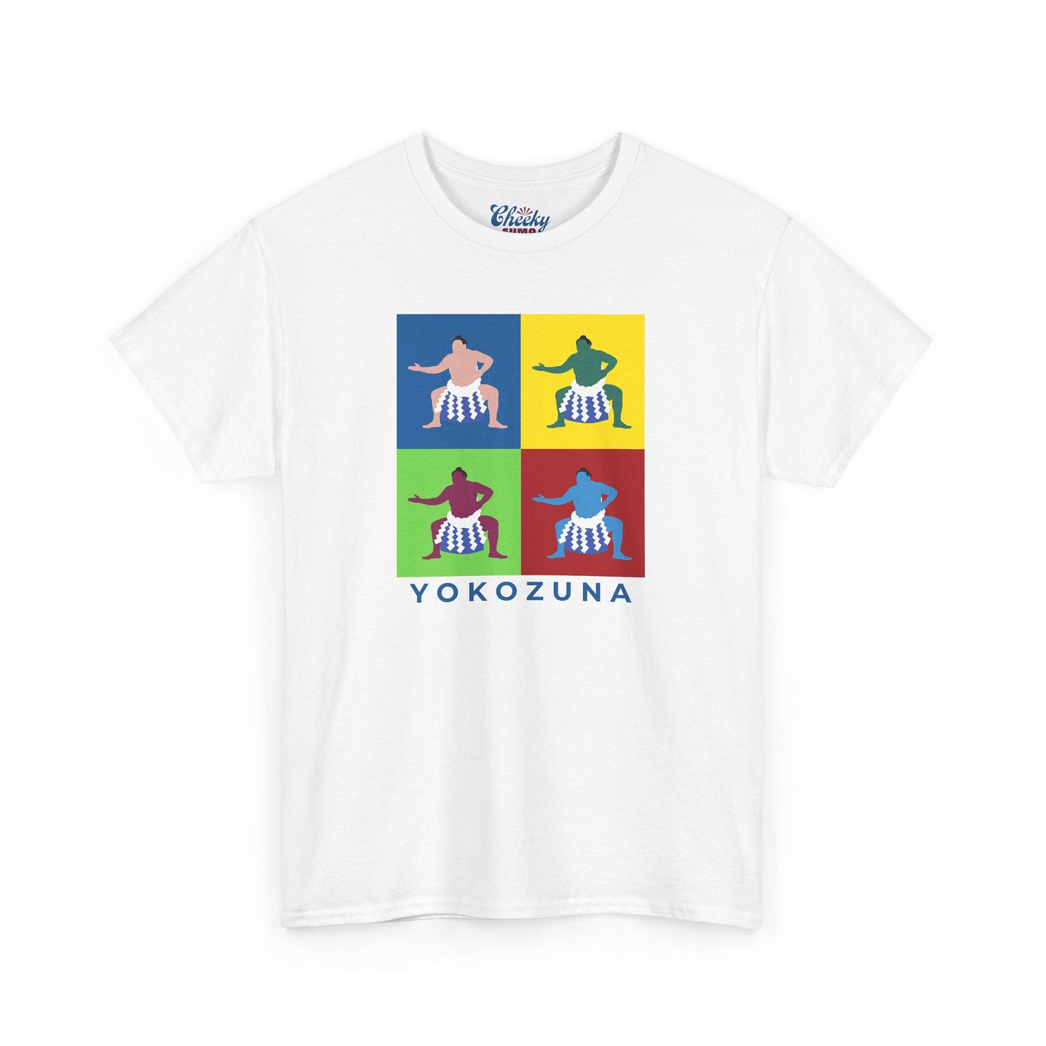 White T-shirt featuring four colorful pop art panels of Yokozuna Hoshoryu in bold sumo-inspired design