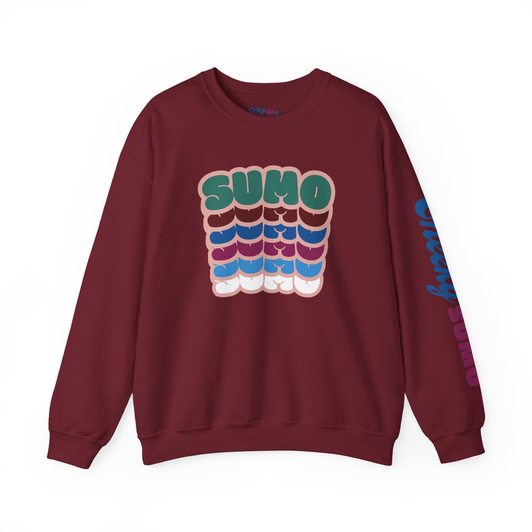garnet sweatshirt with “Sumo” written six times in colorful bubble letters stacked vertically
