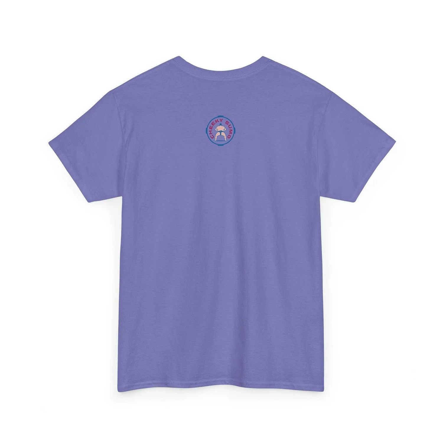 Back of violet t-shirt with the cheeky sumo logo printed at the top.