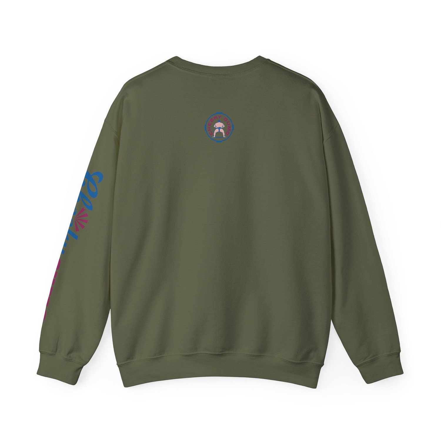 Back of a military green Yokozuna sweatshirt featuring the round Cheeky Sumo rays logo in the upper center.