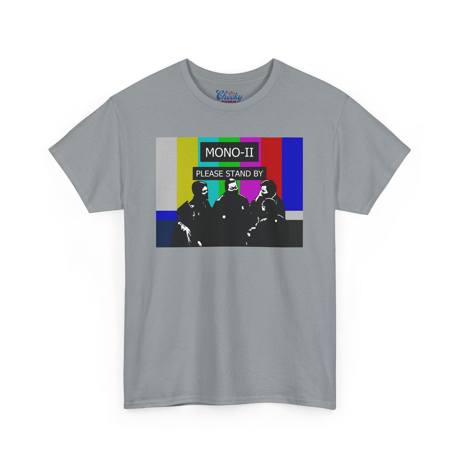 gravel t-shirt with sumo mono-ii and colorful no service TV graphic with "please stand by" text