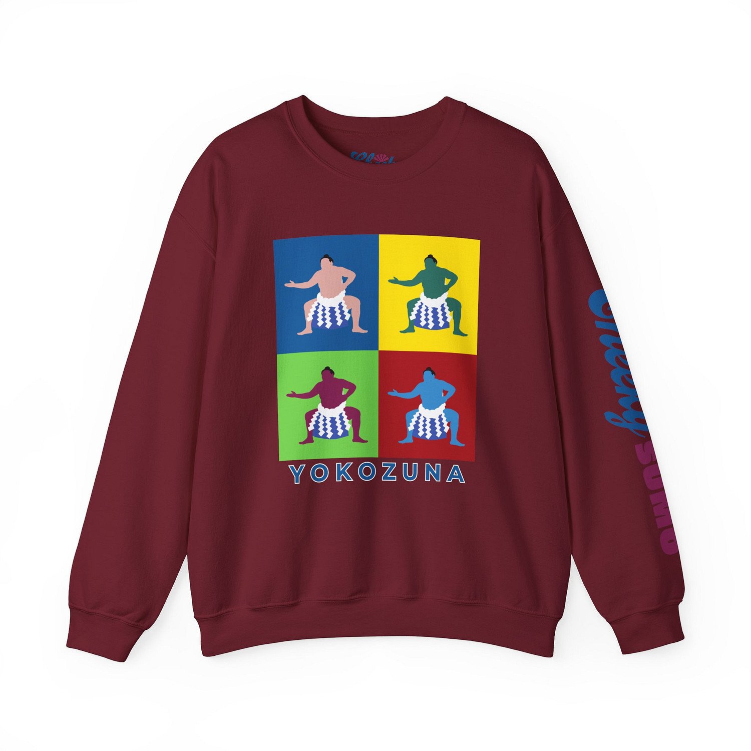 garnet sweatshirt with bold pop art–style graphic of Yokozuna on front and Cheeky Sumo logo down left arm