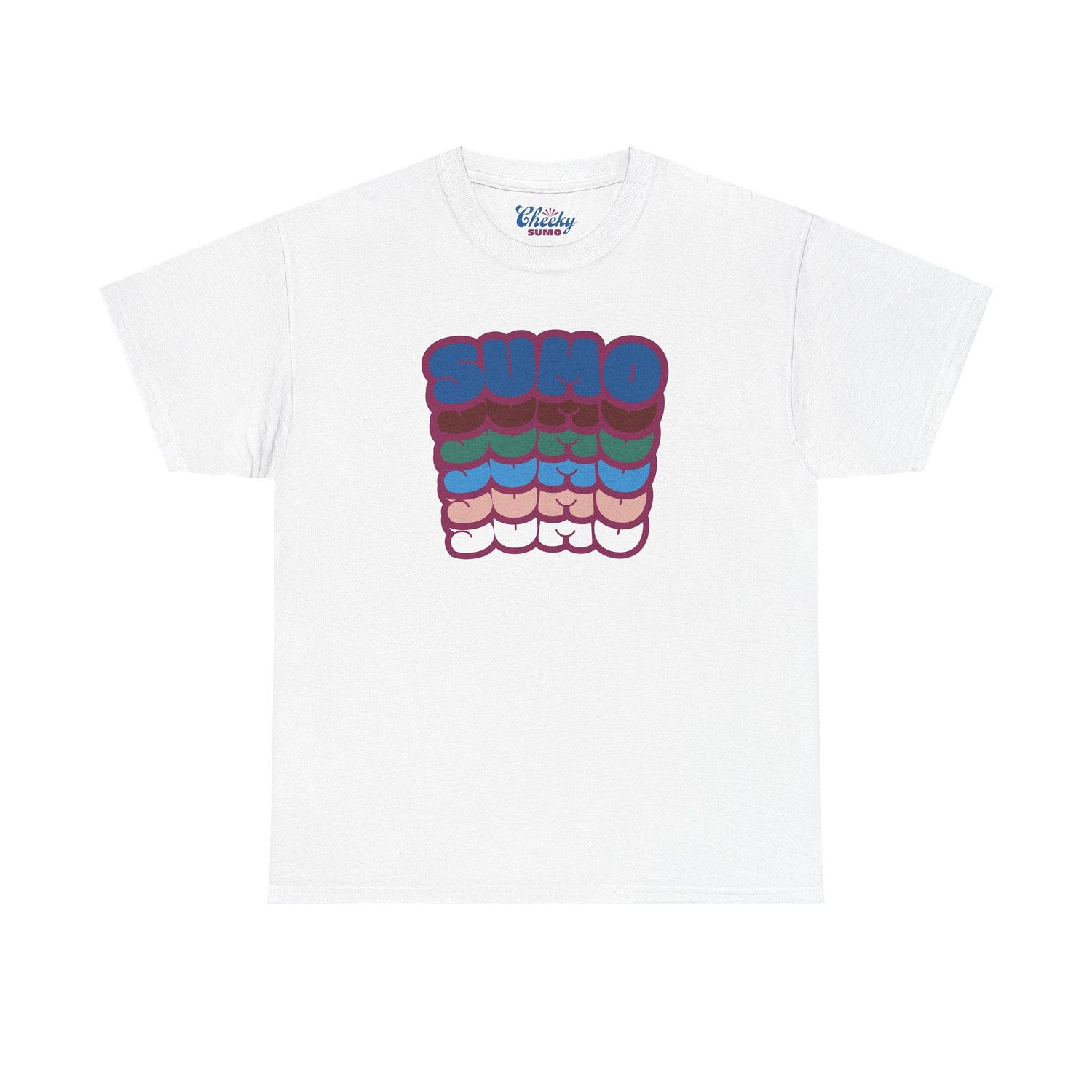 white t-shirt with “Sumo” written six times in colorful bubble letters stacked vertically