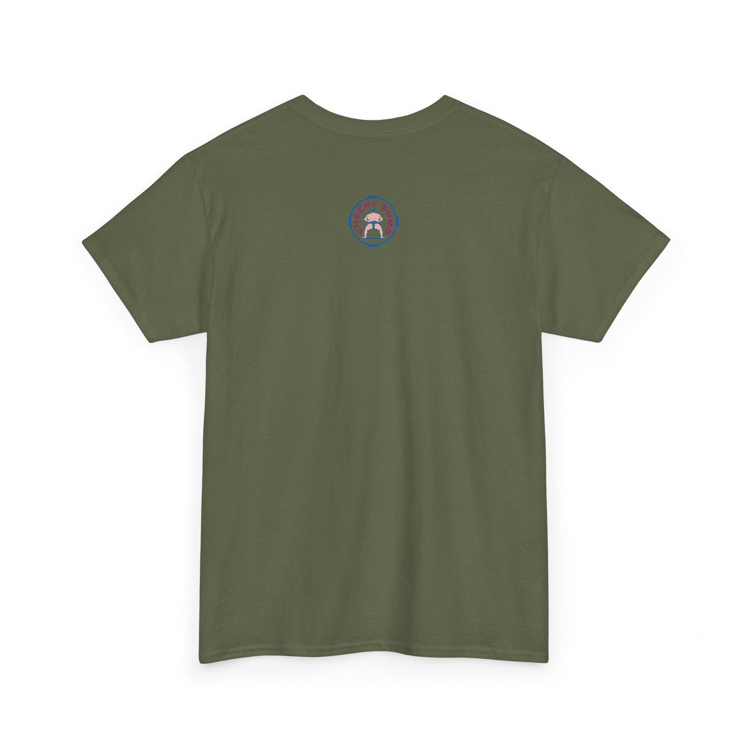 Back of a military green t-shirt featuring the round Cheeky Sumo rays logo in the upper center.