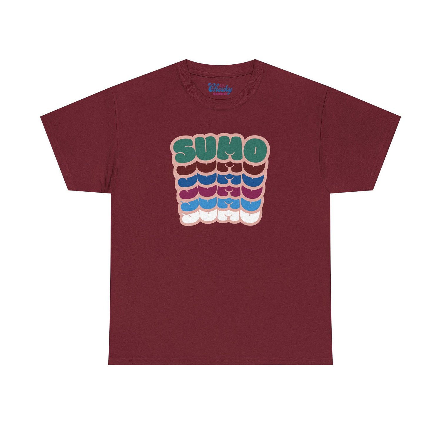 garnet t-shirt with “Sumo” written six times in colorful bubble letters stacked vertically