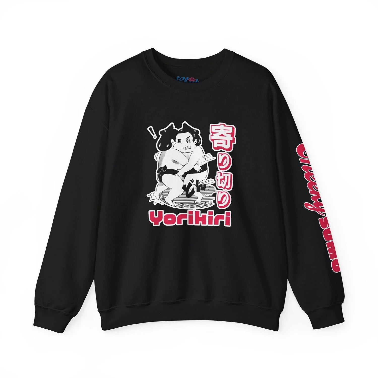 Front of black sweatshirt showing sumo move Yorikiri with Yorikiri written in Japanese and English text
