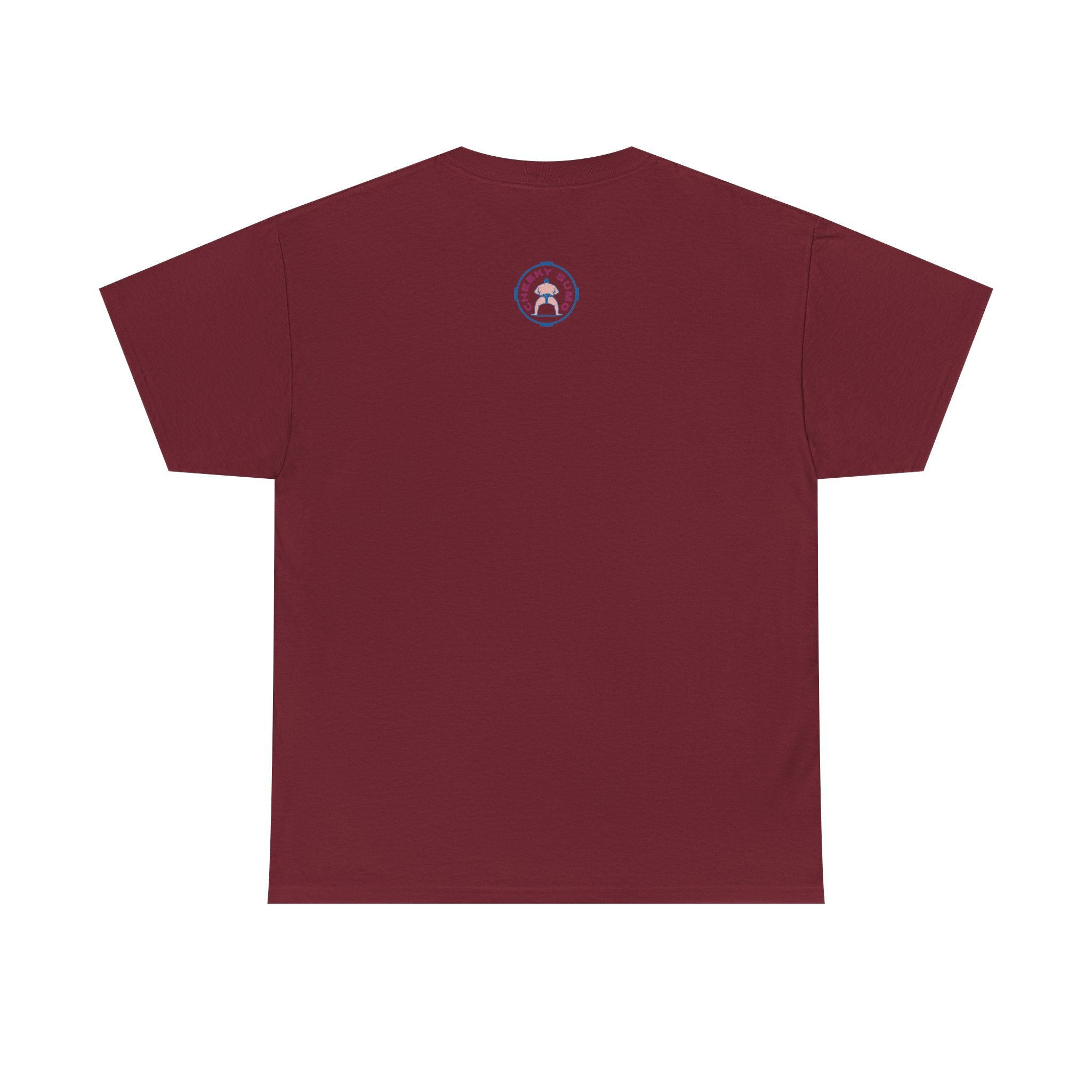 back of garnet t-shirt with classic round Cheeky Sumo rays logo