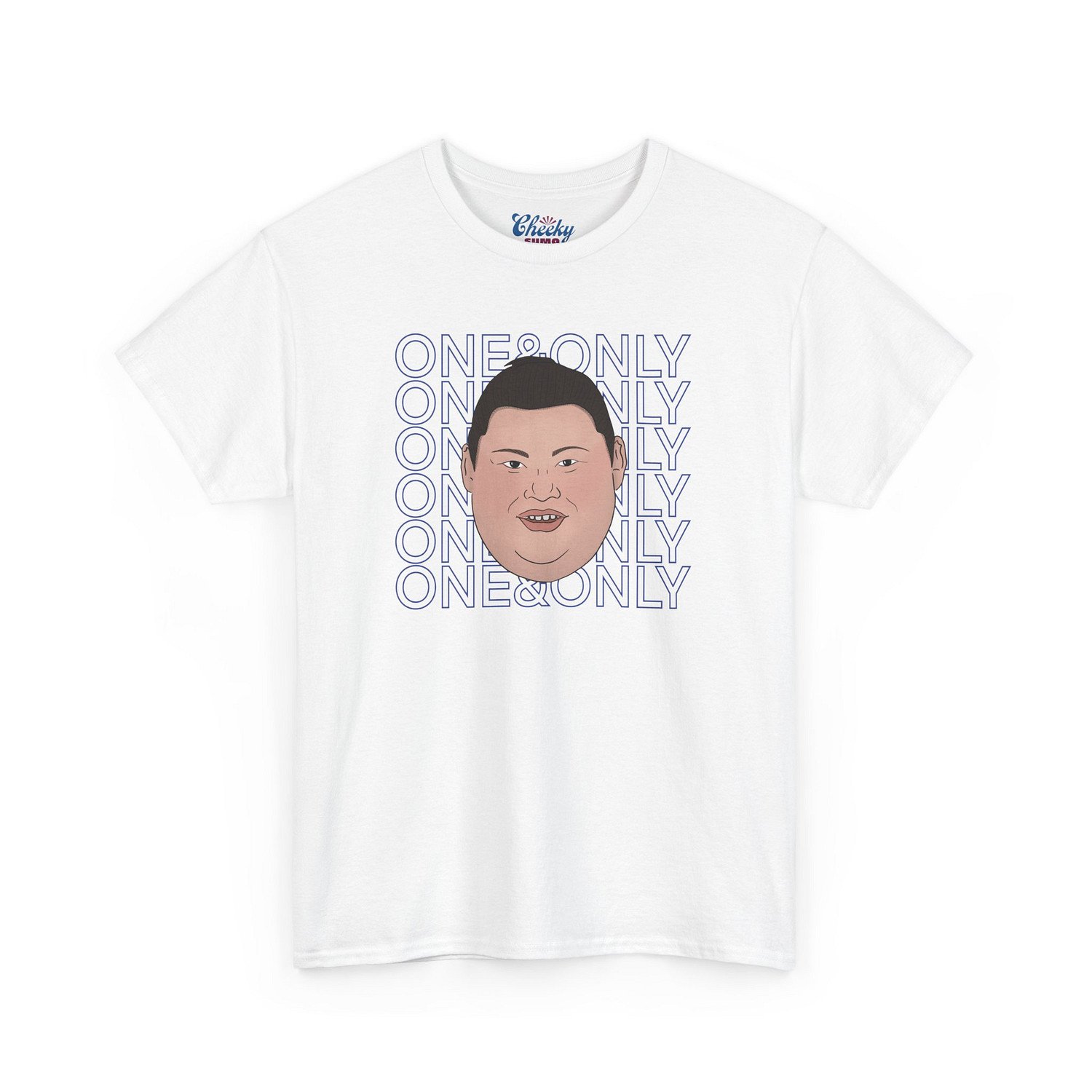 White T-shirt featuring Onosato’s face with "One and Only" ending with "One and Only" repeated behind him in blue text