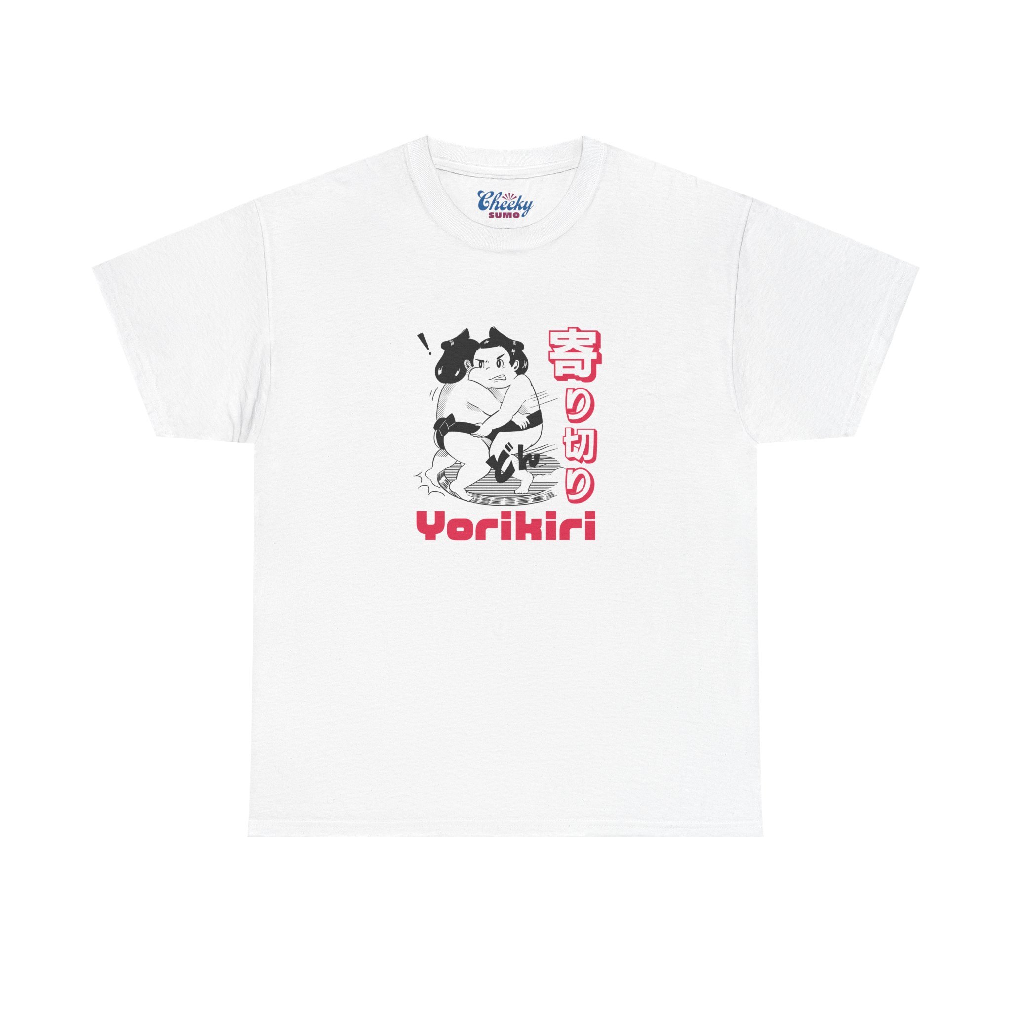 white t-shirt with Sumo rikishi performing yorikiri and bold text in English and Japanese