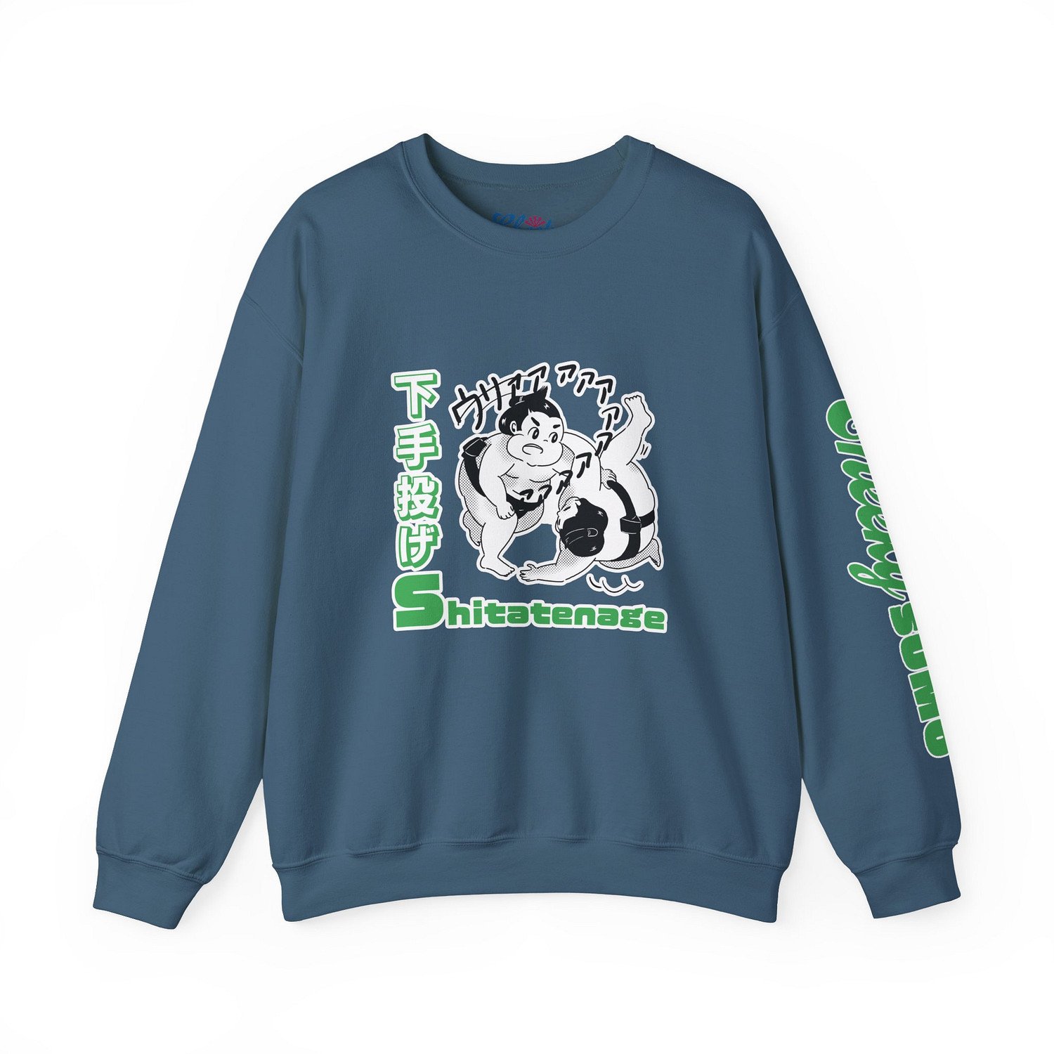 Front of indigo blue sweatshirt showing cartoon sumo move Yorikiri with Yorikiri in Japanese and English text