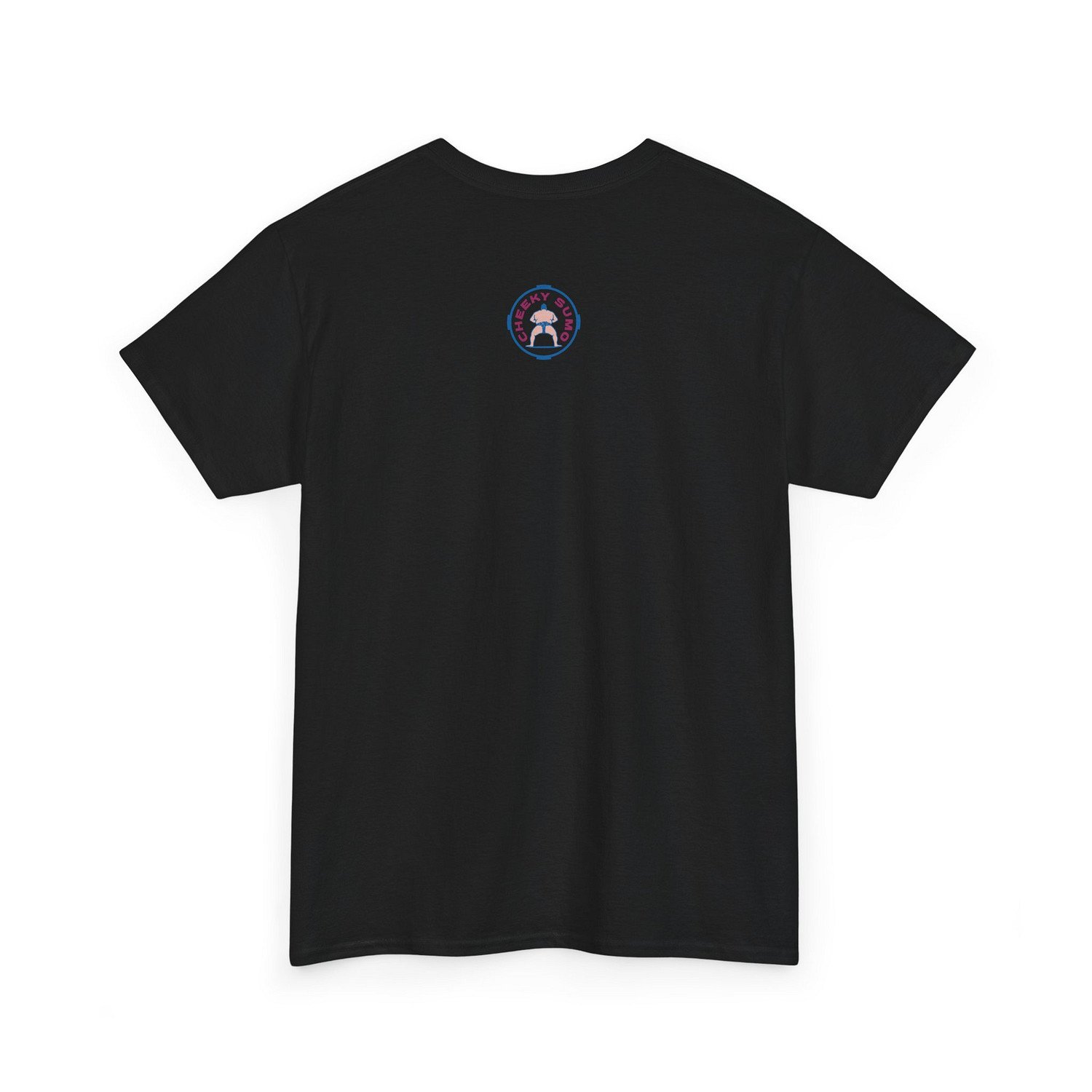 Back of a black t-shirt featuring the round Cheeky Sumo rays logo in the upper center.