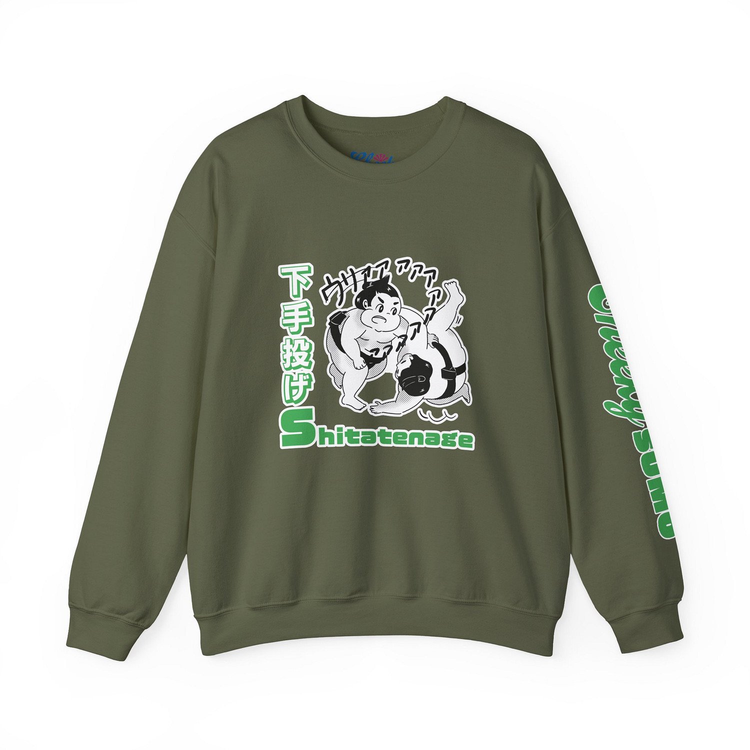 Front of military green sweatshirt showing cartoon sumo move Yorikiri with Yorikiri in Japanese and English text