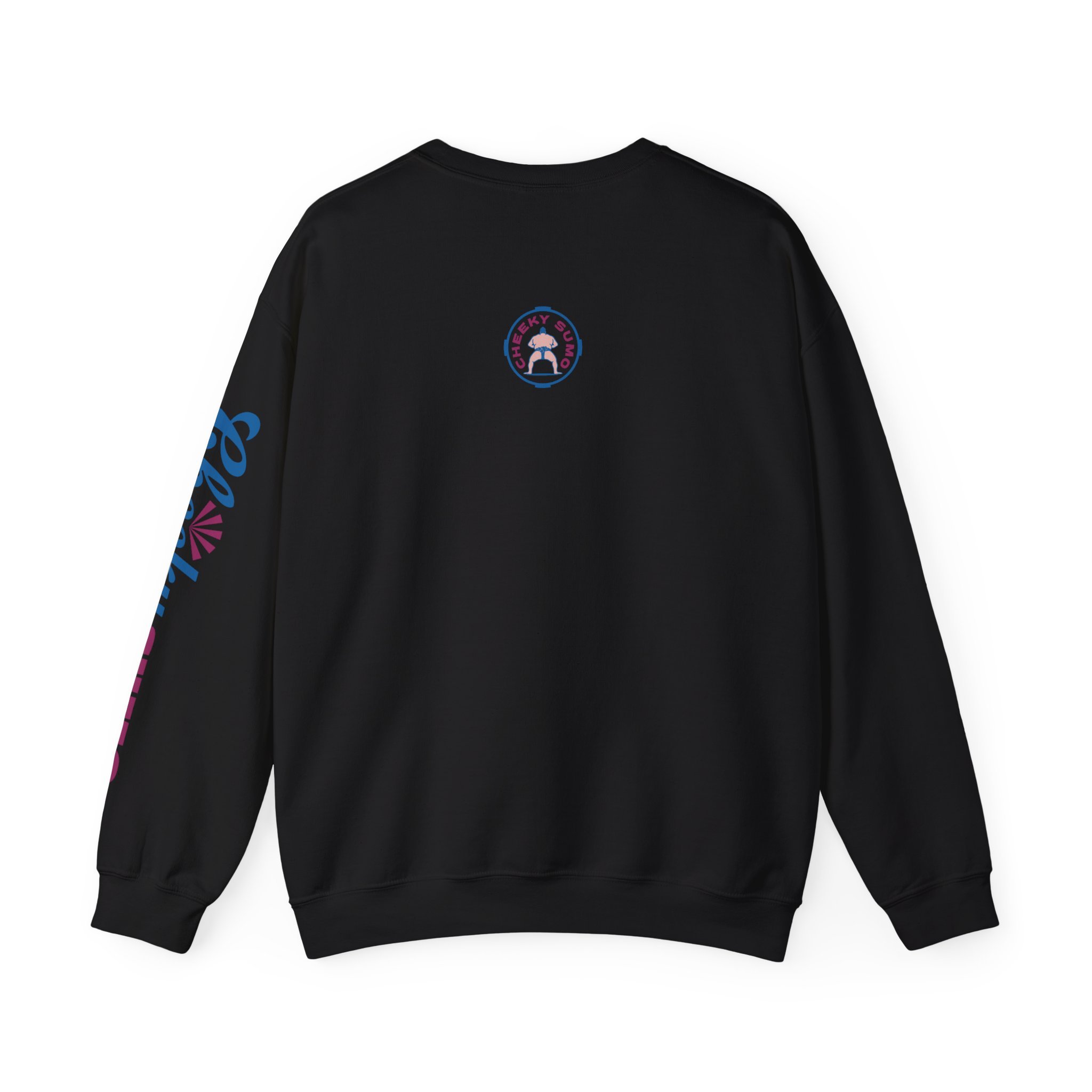 Back of black sweatshirt with pink and blue Cheeky Sumo rays logo on upper center and “Cheeky Sumo” down left sleeve.